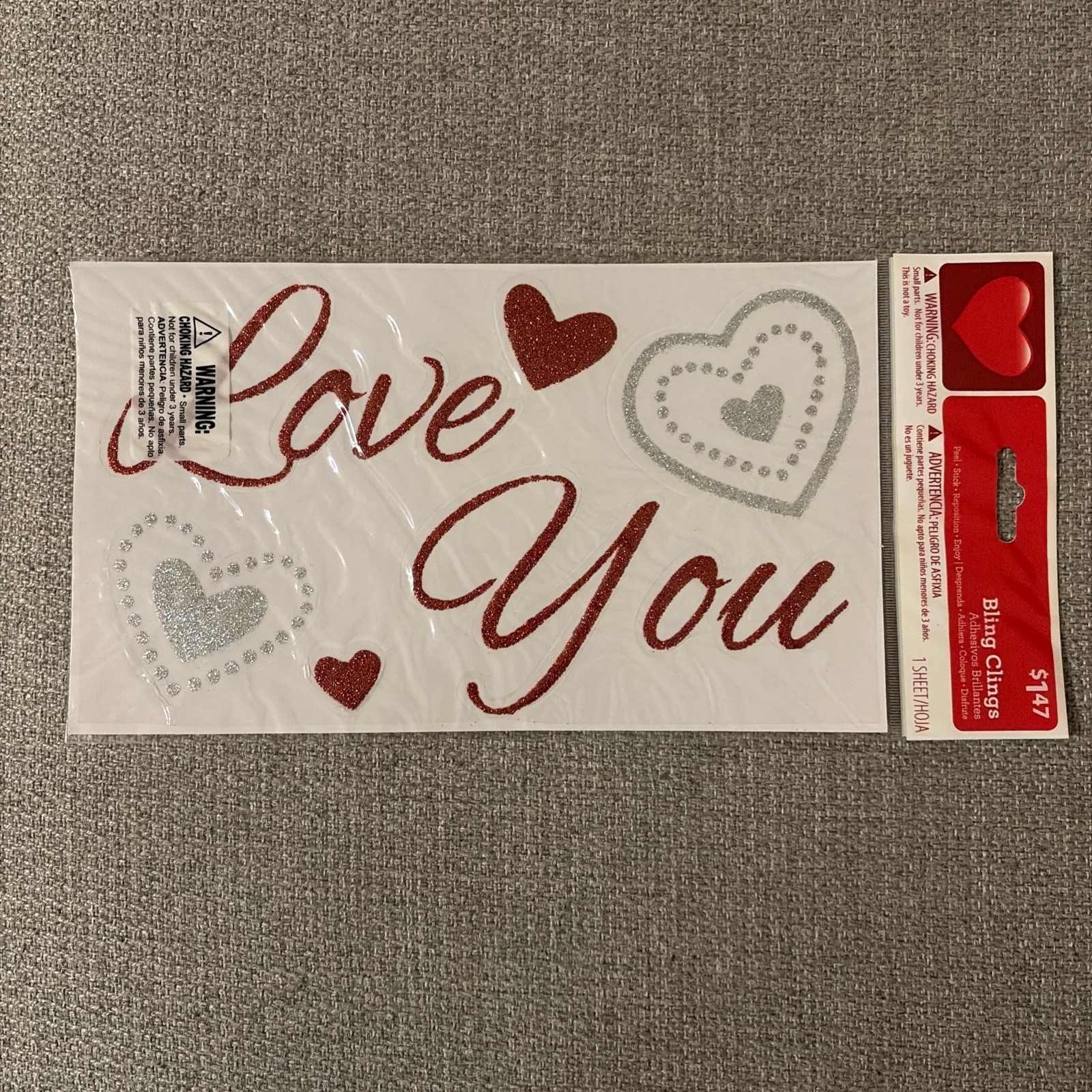 Bling Clings Mylar Glitter Stickers Valentines Hearts Peel Stick Reposition
