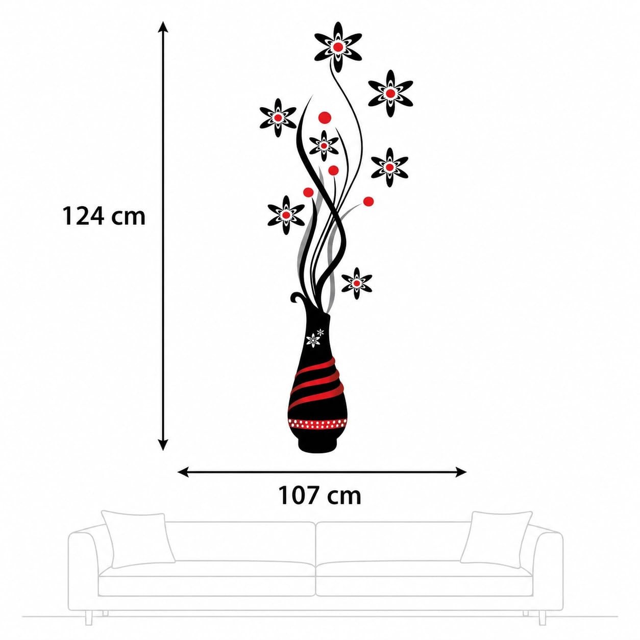 Flower Vase Wall Sticker Large Floral Wall Decal Black Red Peel Stick Home Decor