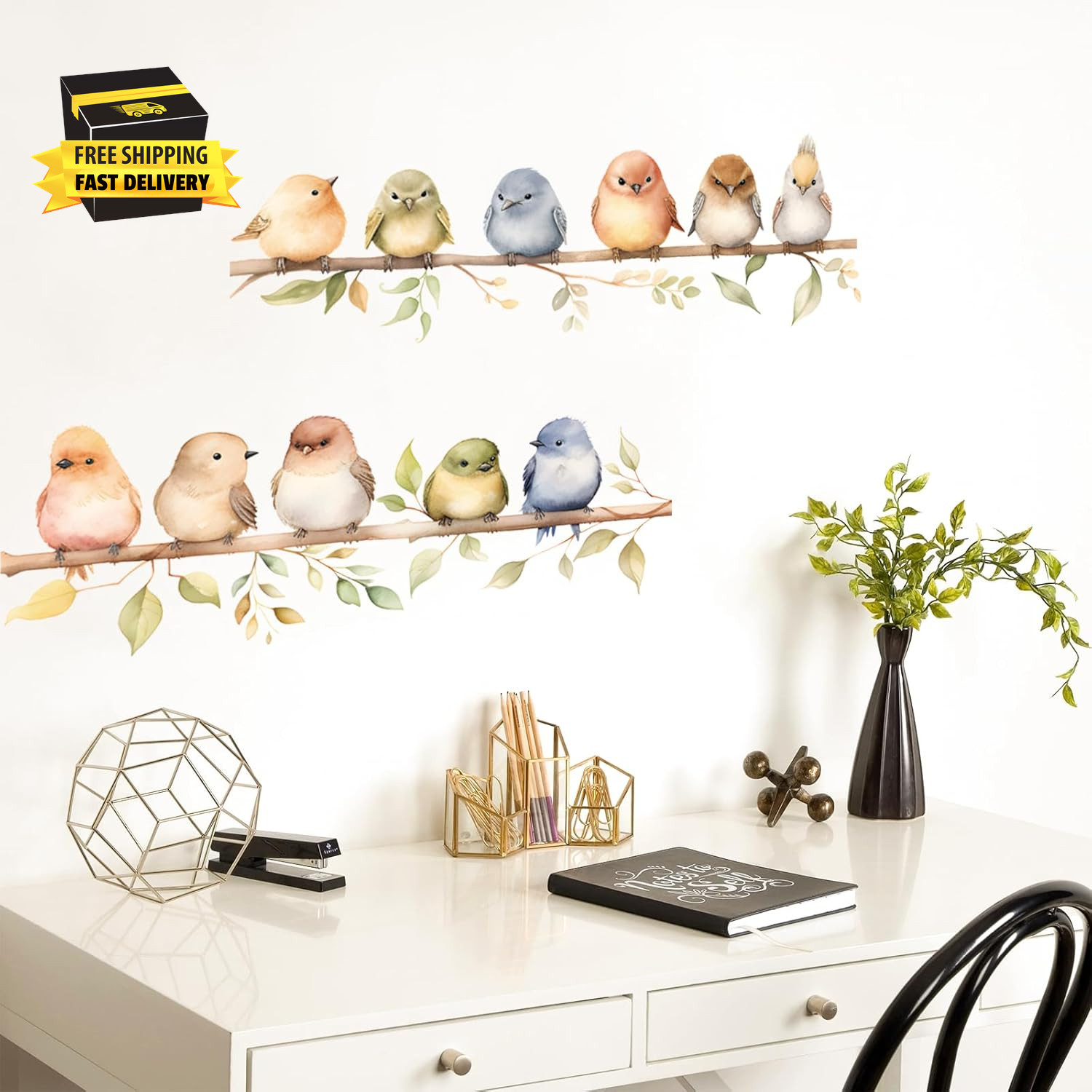 Colorful Bird on the Branch Wall Stickers, Peel and Stick Creative Bird Wall Dec