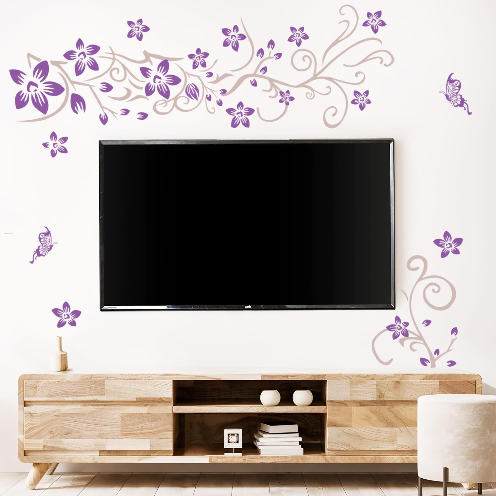 Supzone Flowers Vine Wall Decals Purple Flowers Wall Stickers Butterfly Wall Dec