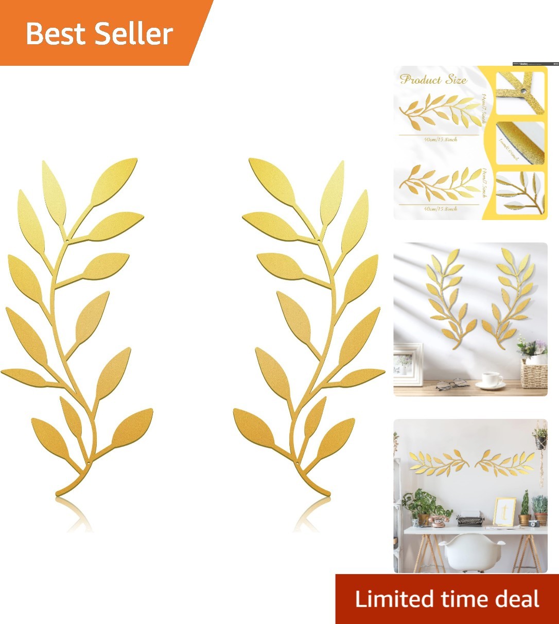 Set of 2 Gold Metal Leaf Wall Hanging – Perfect Art for Living Room & Hallway