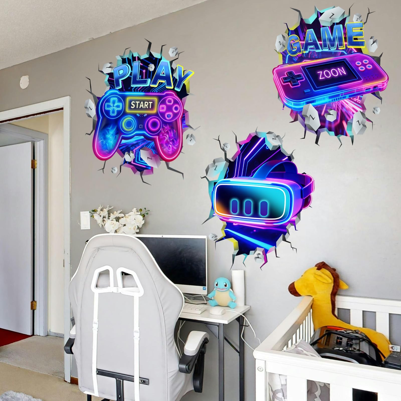 3D Game Room Decor Gaming Room Wall Decals Colorful Gamer Controller Video Ga…