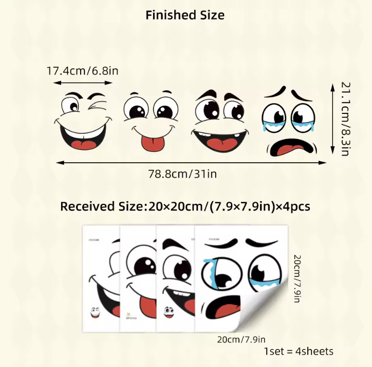 4pcs Cartoon Face Stickers Self Adhesive Funny Trash Can Toilet Decor – NEW