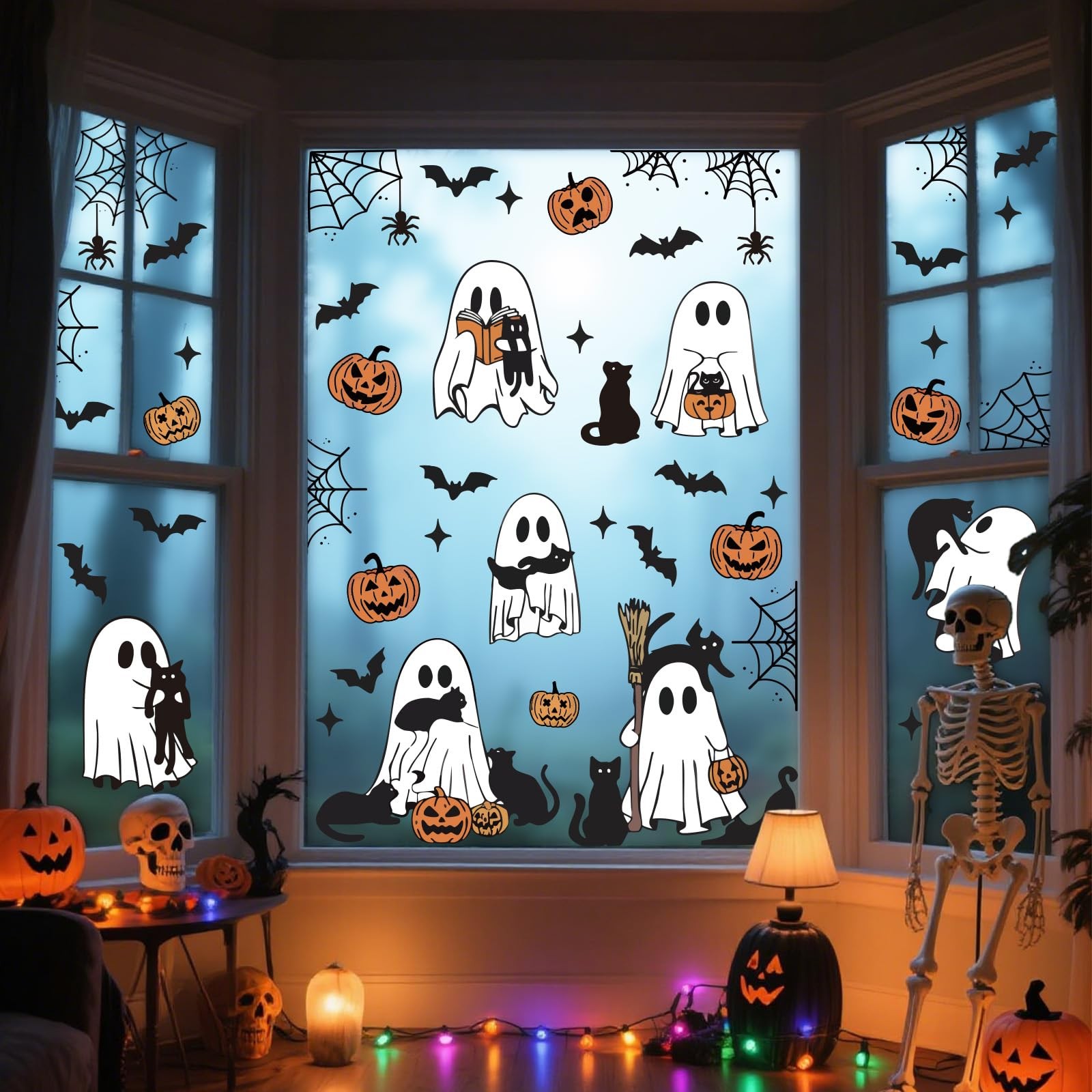 JarThenaAMCS Halloween Ghost Window 11 x 14 inch, 7 x 11.8 Black Orange