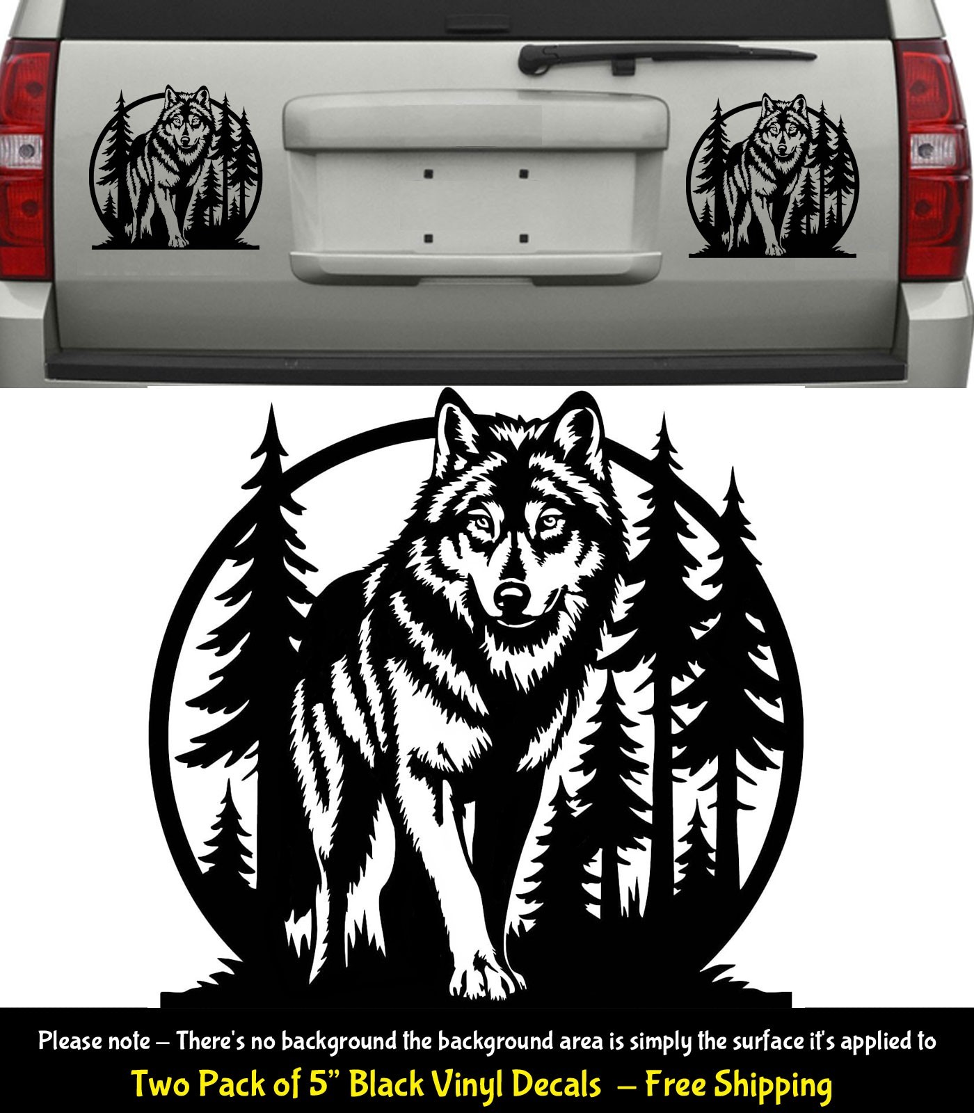 Wolf Trees Forest Two 5" Black Vinyl Decals Vehicle Door Bumper Any Flat Surface
