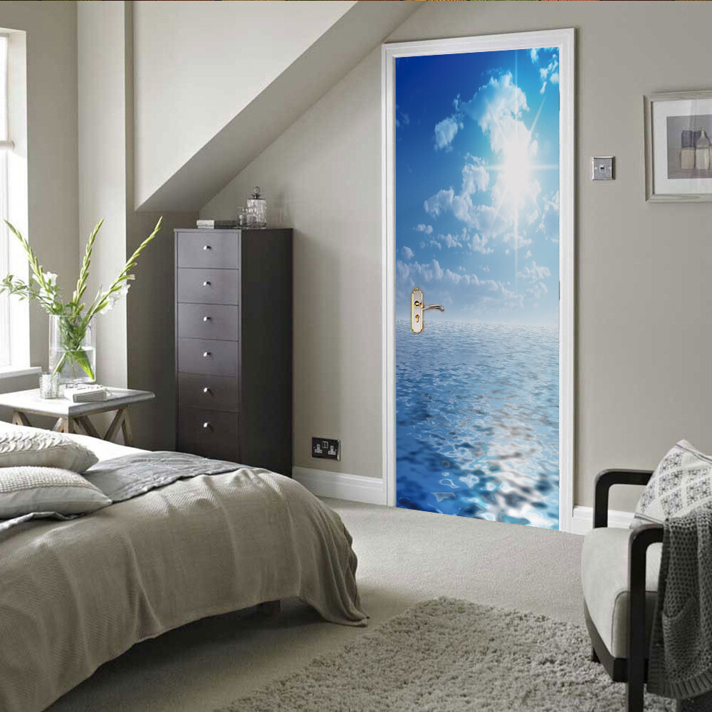 3D Wall Art Summer Beach Palm Trees Door Sticker Decal Self-adhesive Wrap Mural
