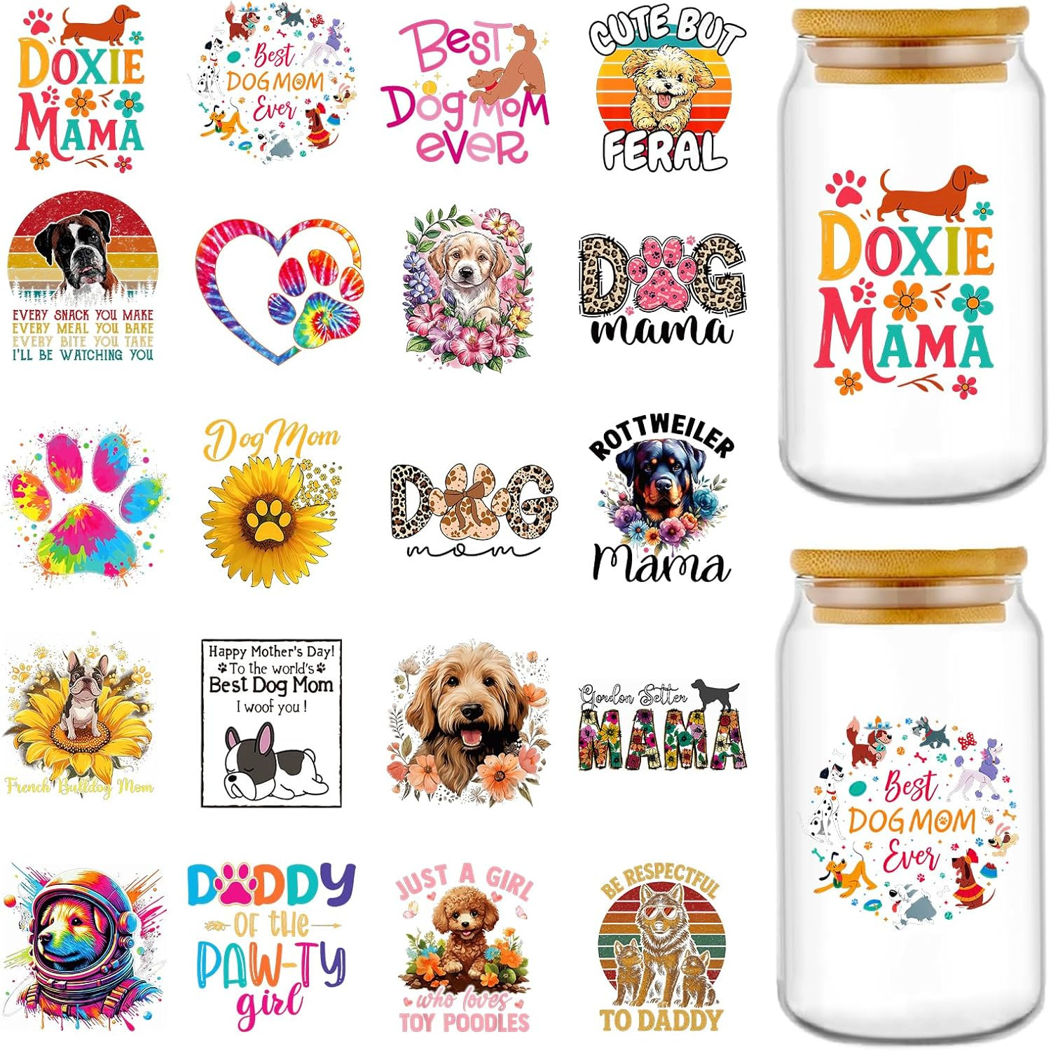 UV DTF Cup Stickers – 20 Pcs Dog Mom UV DTF Cup Wraps for 16 Oz Cute