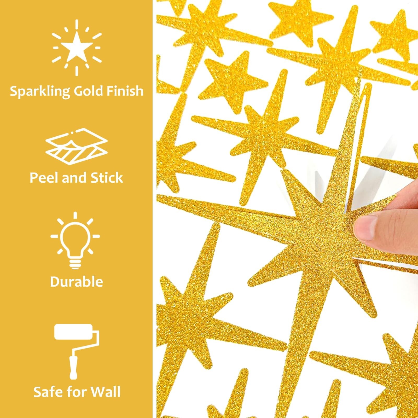 AOWDIAO Glitter Gold Star Peel and Stick Wall Decals – 120 Pcs, Assorted Shap…