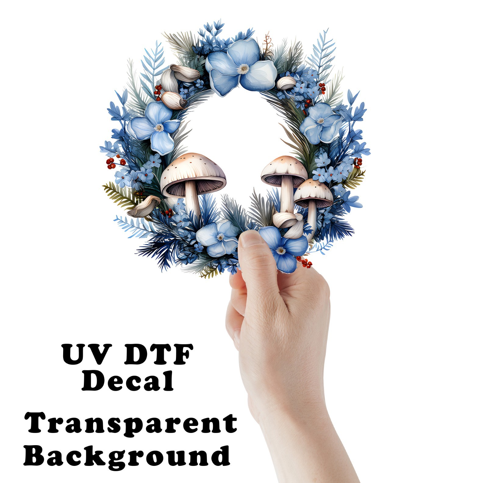 Blue and White Mushroom Wreath UV DTF Transparent Sticker / Decal