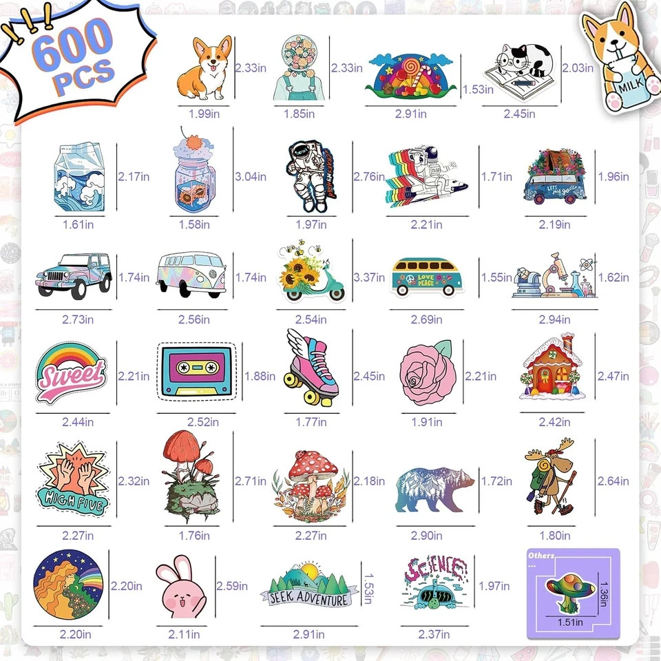 600 PCS Stickers Pack，Cute Colorful Waterproof Stickers，Vinyl Art Stickers.Stick