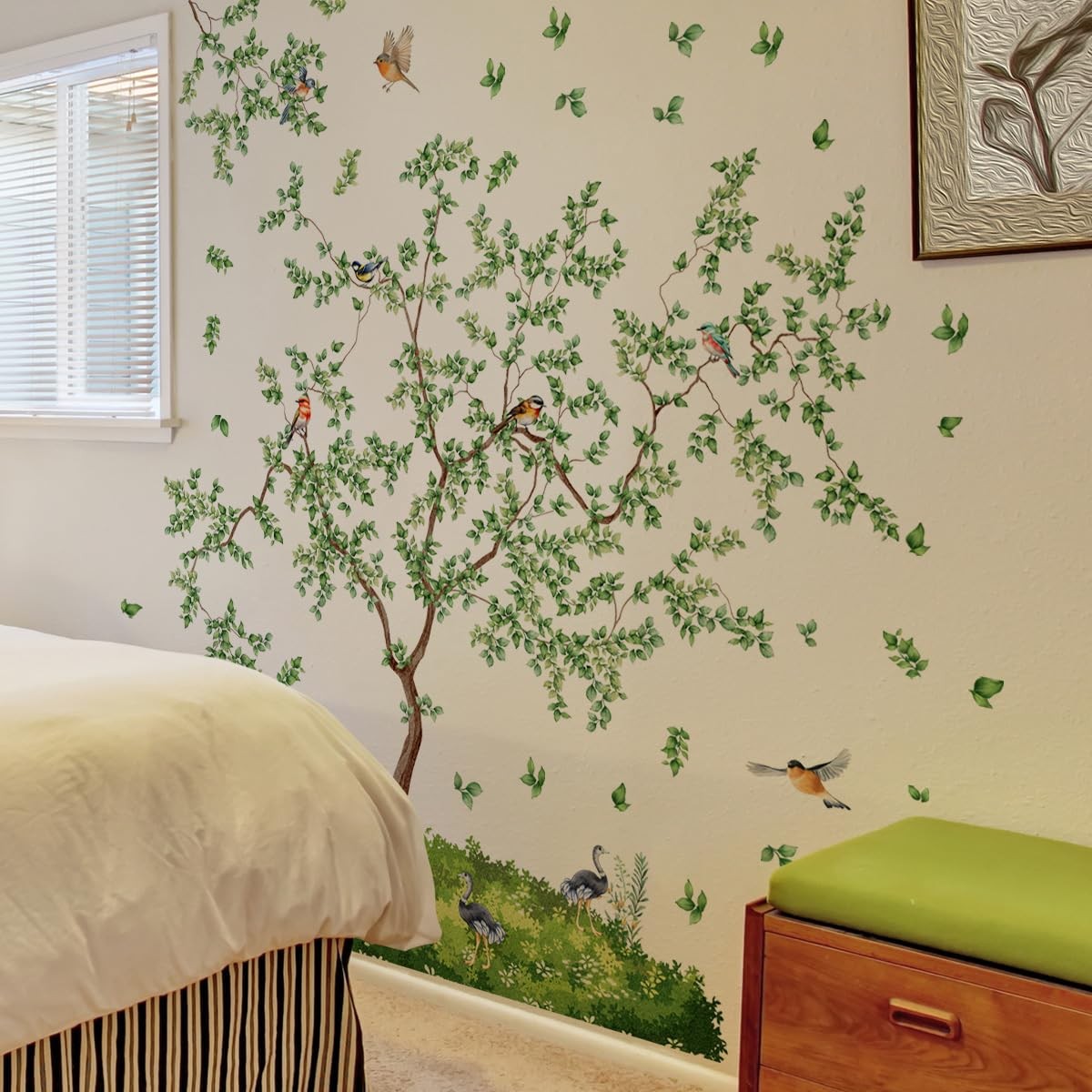 Large Green Twig Tree Wall Decals Falling Green Leaves Plants with Birds Wall…
