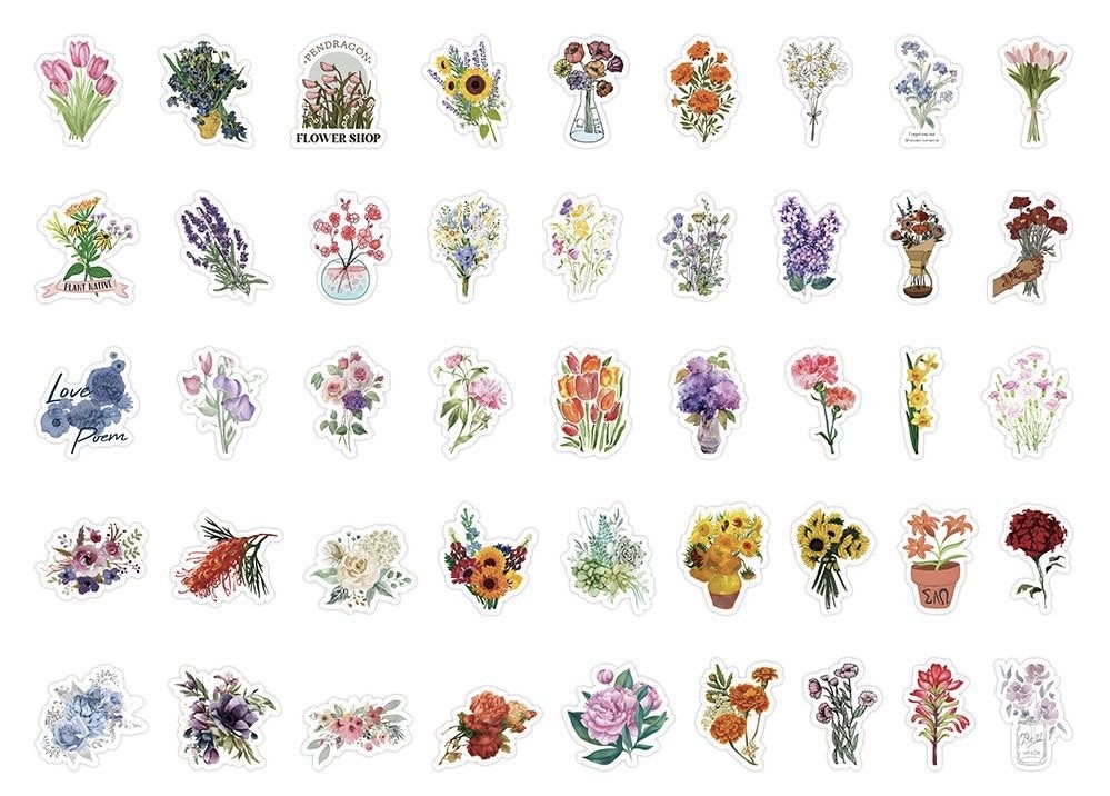 50PCS Cute Floral Flower Stickers Aesthetic Waterproof Vinyl Decal