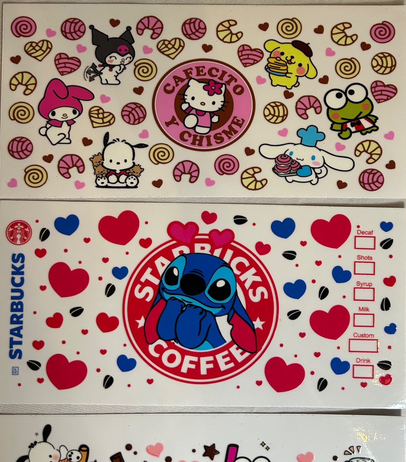 Set of 8 Hello Kitty Stitch Coffee Hearts Transfer Cup Wraps