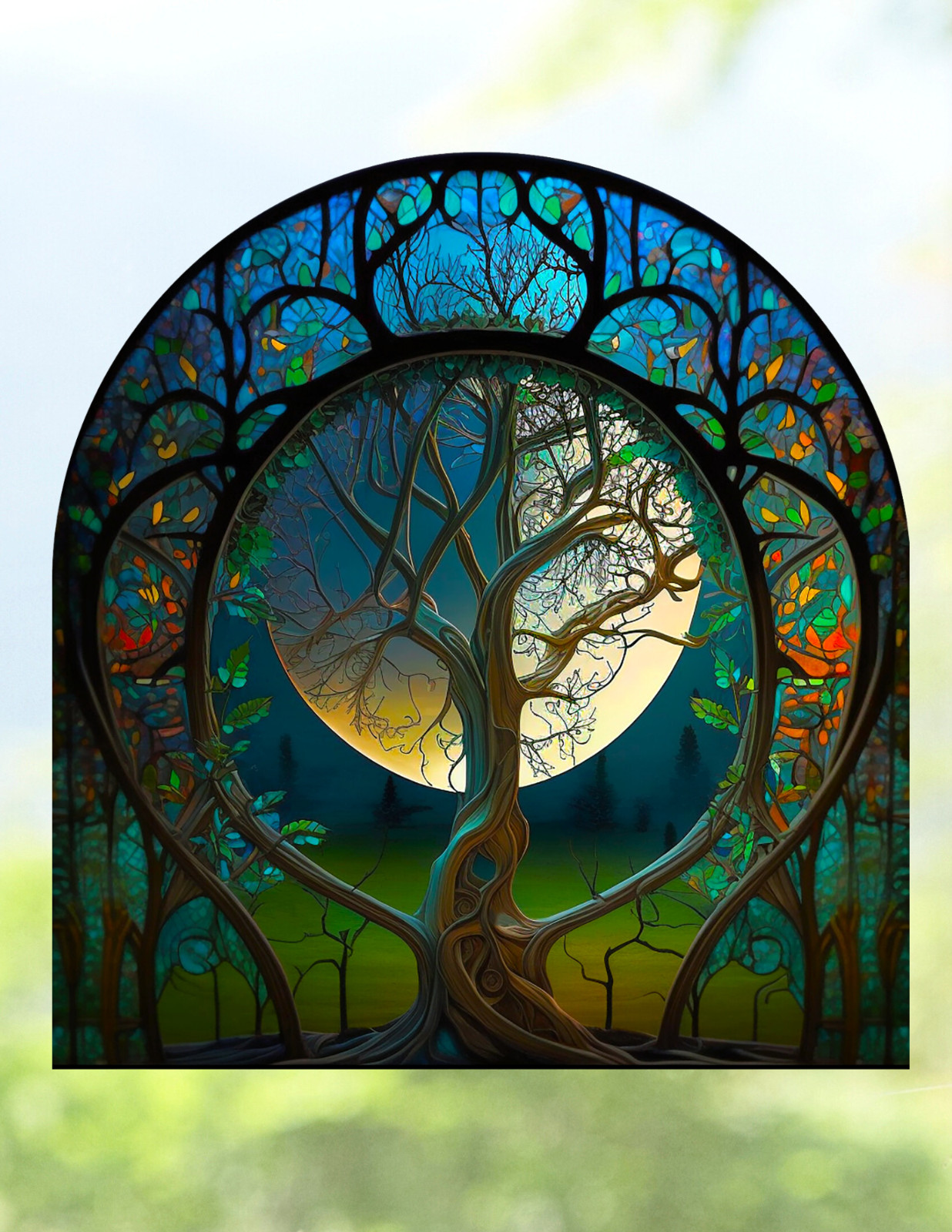 Tree Faux Stained-Glass WINDOW CLING Size 8.6" Arch ~ Repositionable Vinyl