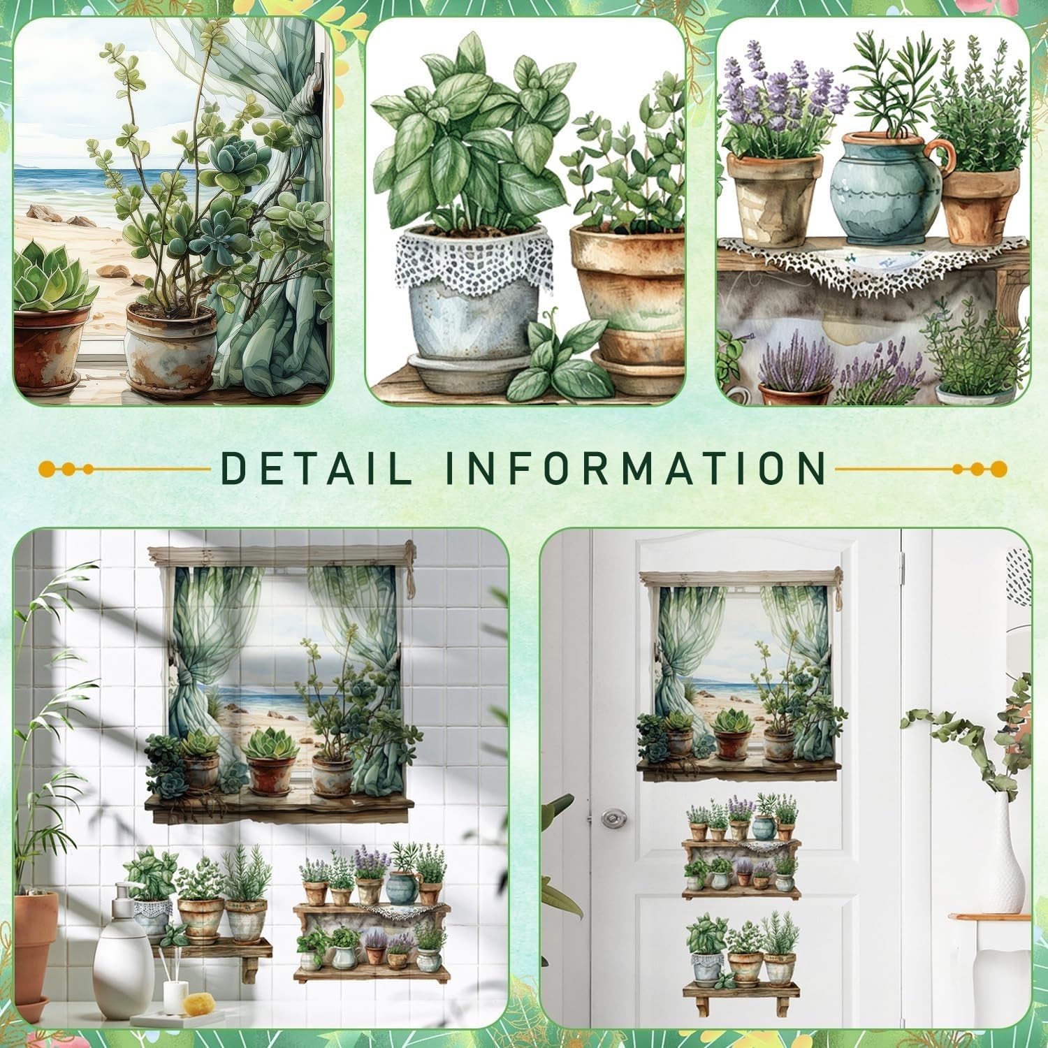 3D Potted Plant Fake Windows Wall Decals Green Plants Succulent Wall Stickers