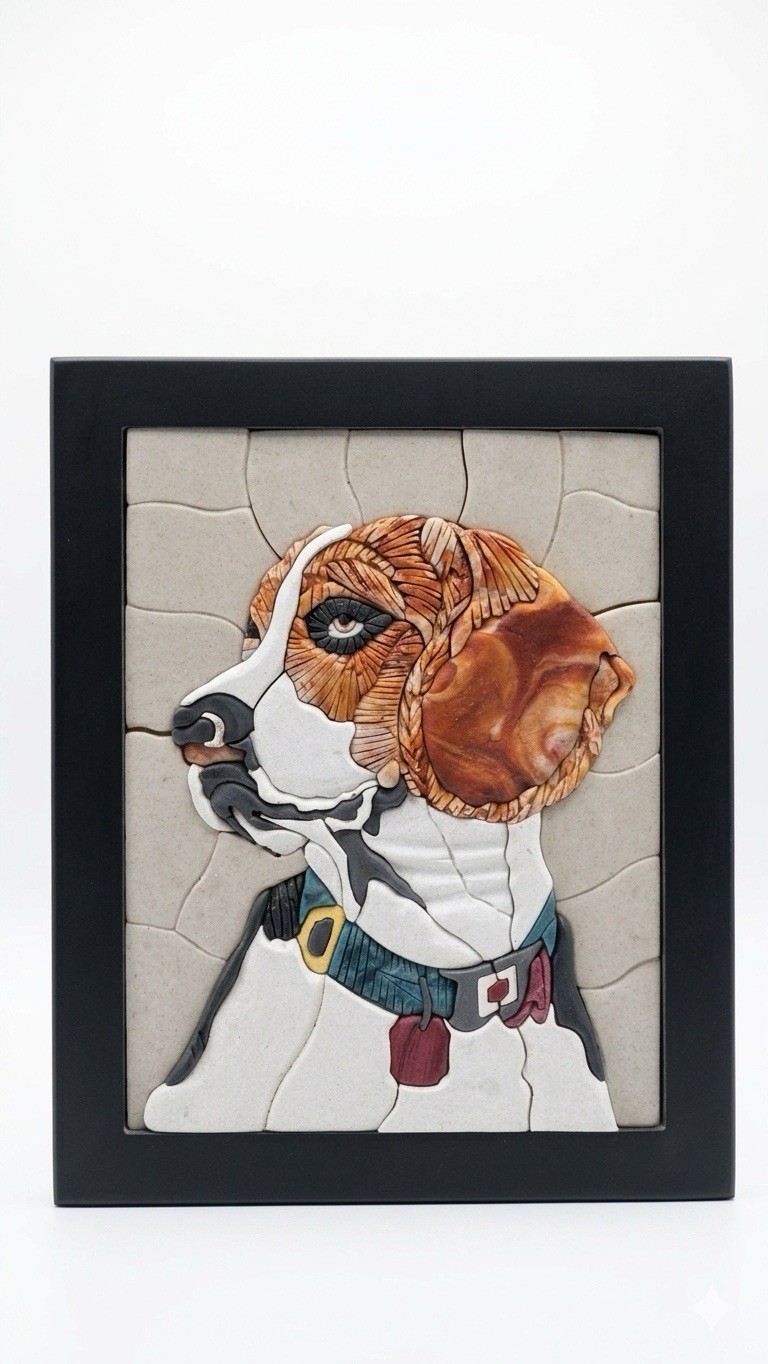“Artisan Mosaic Dog Portrait – Unique Handmade Wall Decor”