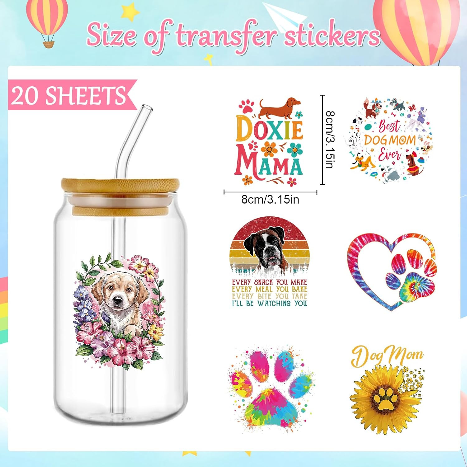 UV DTF Cup Stickers – 20 Pcs Dog Mom UV DTF Cup Wraps for 16 Oz Cute