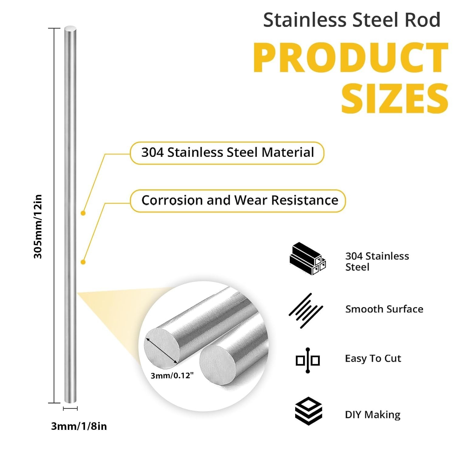 12 Pcs 304 Stainless Steel round Rod,Phiowocx 1/8” X 12” Metal Solid Shaft Rods