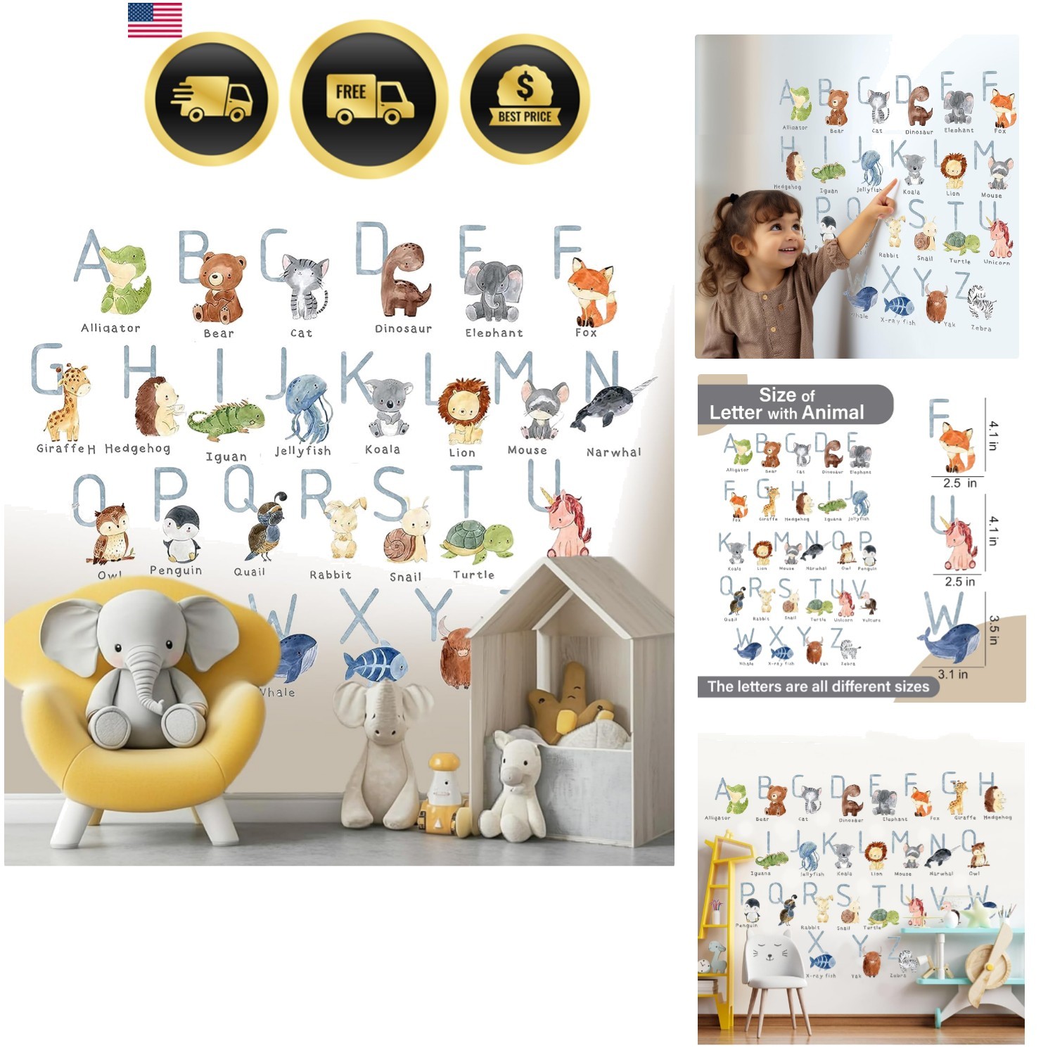 Alphabet Wall Decals for Kids Nursery Playroom Classroom Animal Letters