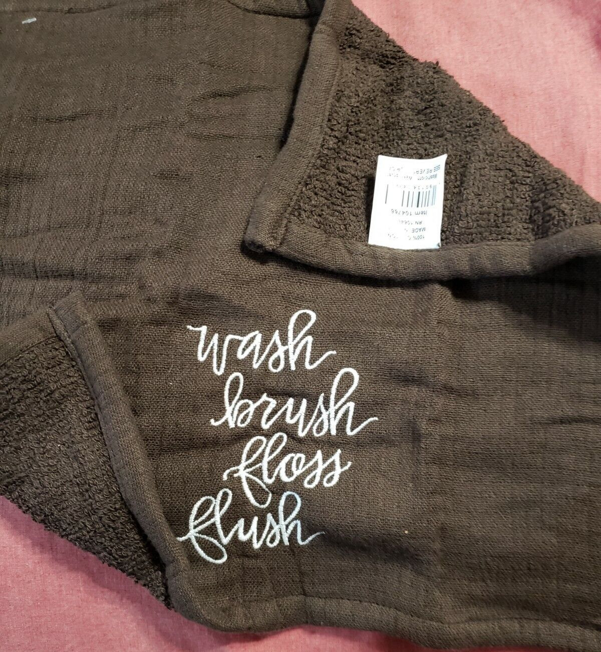 Washcloth Guest Finger Towel WASH BRUSH FLOSS FLUSH Cotton 13×13 in Chocolate