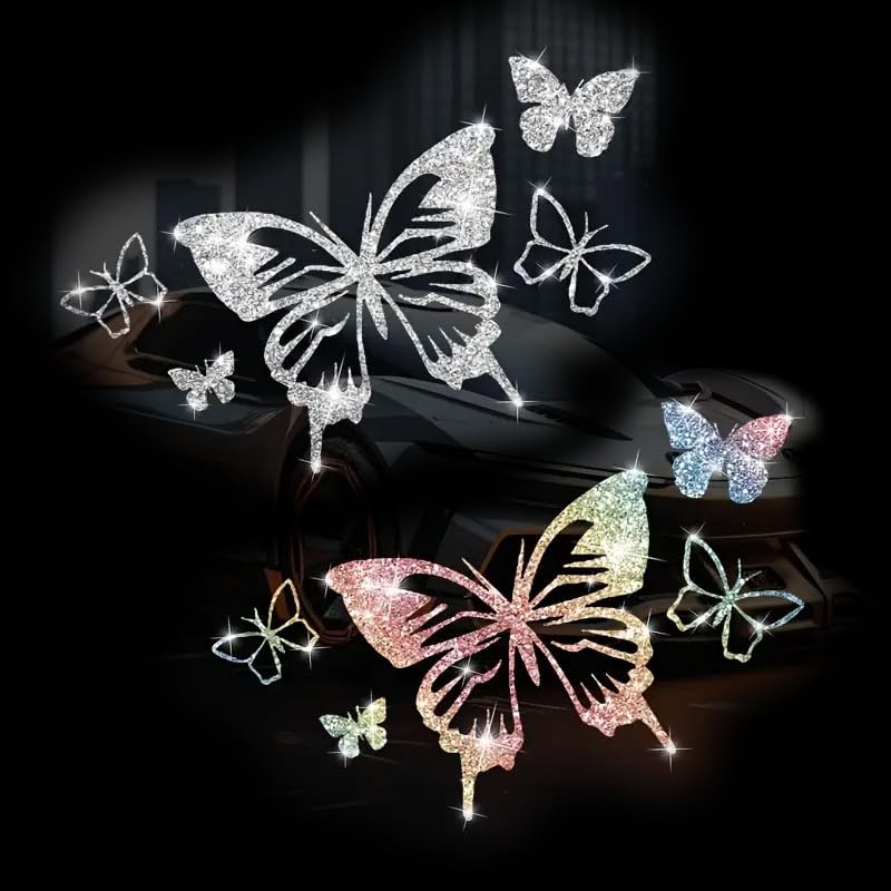 2PCS Sparkling Heart Butterflies Self-Adhesive PVC Rainbow Glittery Decal