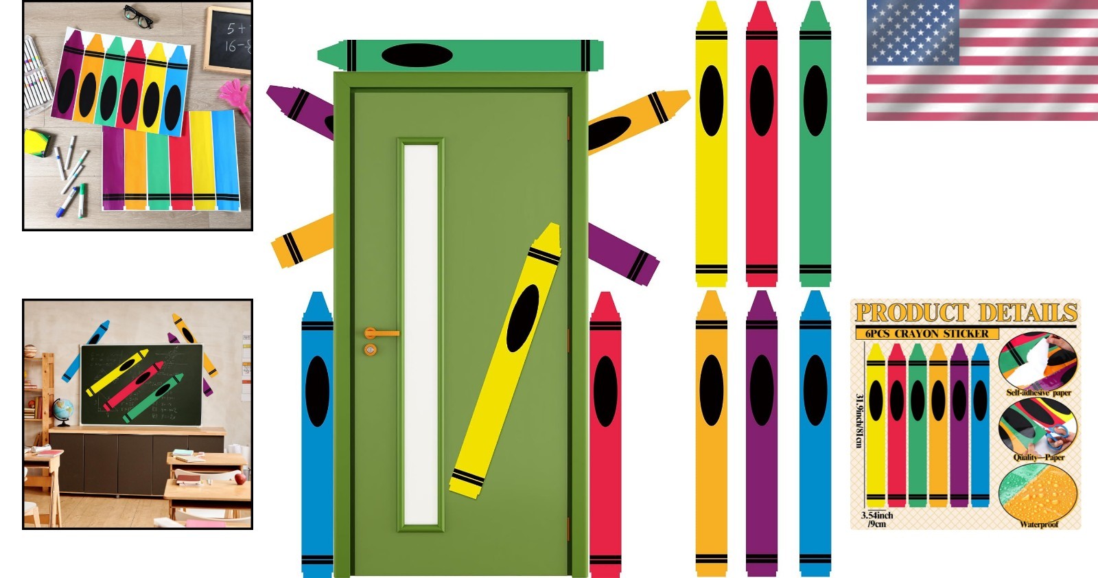 Colorful Crayon Wall Decals Stickers Rainbow Peel and Stick Decor for Walls