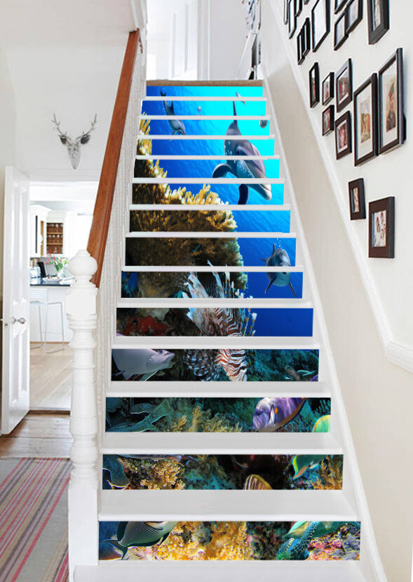 3D Undersea Dolphin AZ339 Stair Risers Decoration Mural Vinyl Wallpaper Kay