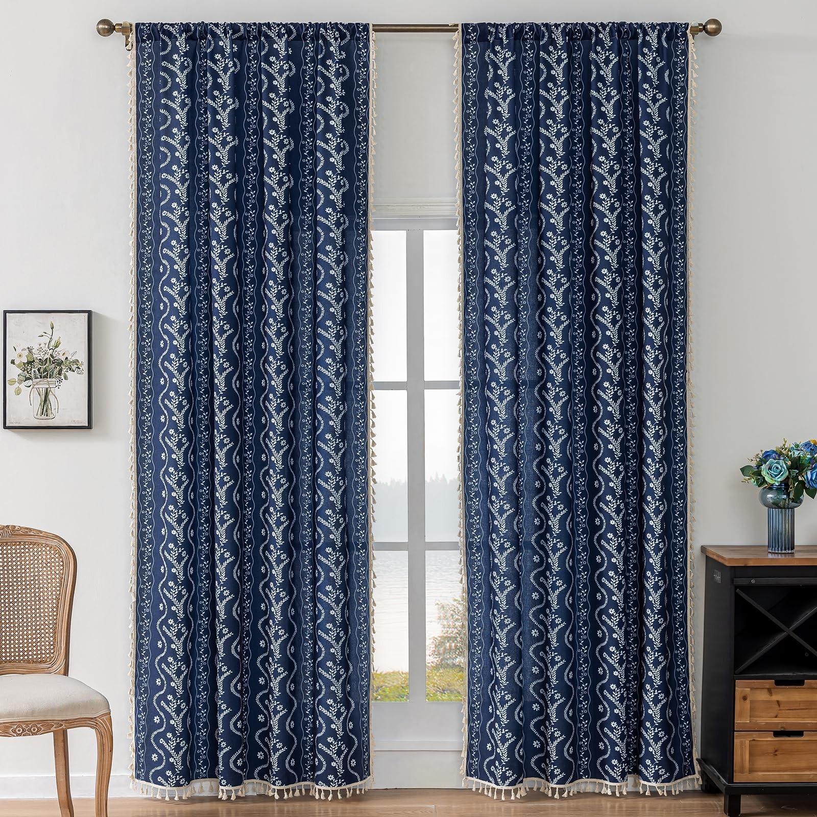 Navy Blue Boho Curtains 84 Inch Long for Living Room, Bedroom, 2 Panels Flora…
