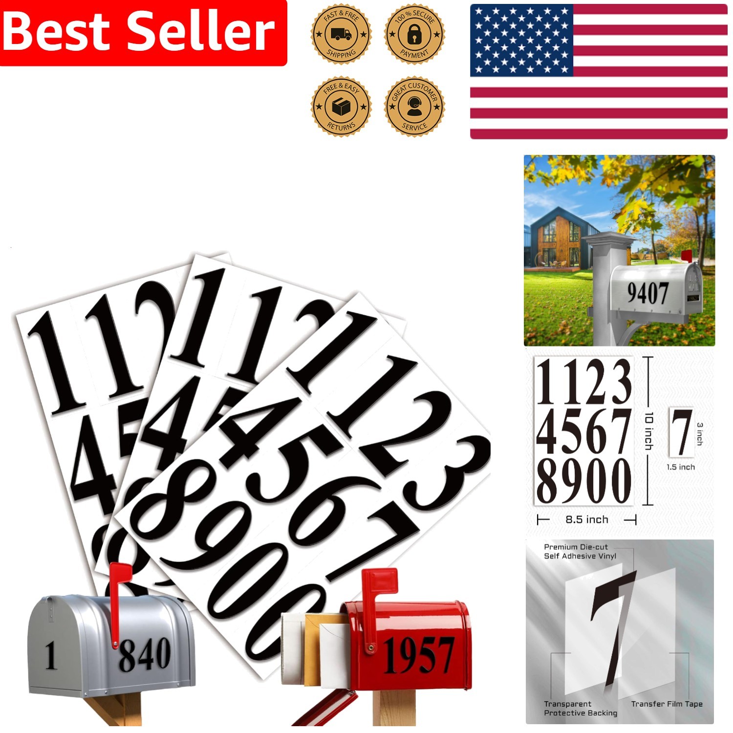 3 Inch Black Vinyl Number Stickers – 36pc Waterproof Die Cut Decals for Mailb…