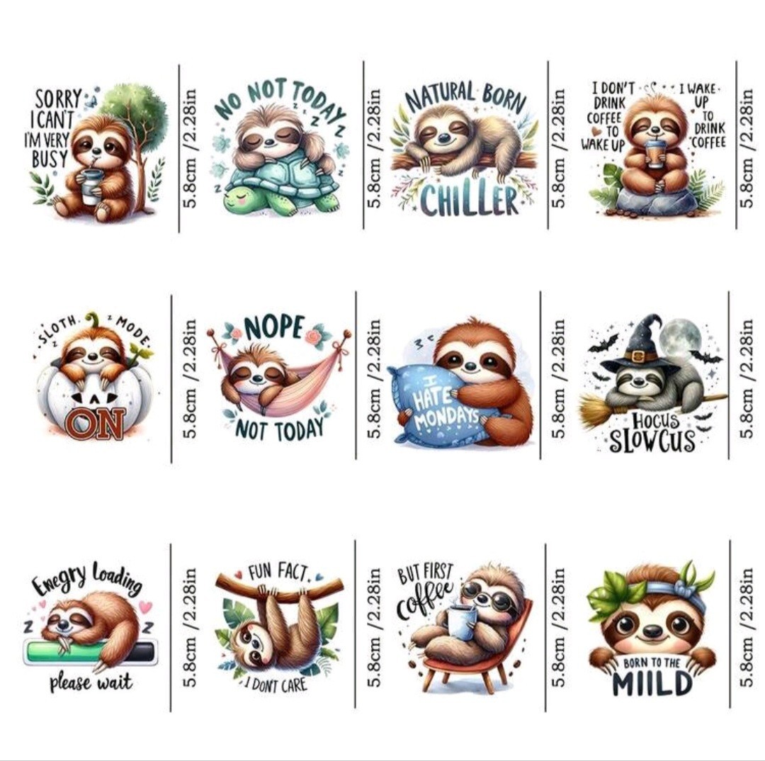 12pcs/Set Sloth Cartoon Vinyl Decal Stickers Waterproof 5.8cm for Coffe Mugs