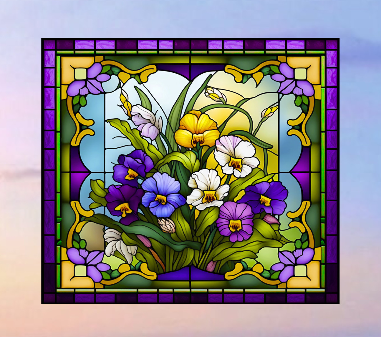 Pansies Faux Stained-Glass WINDOW CLING Size 9" Vinyl