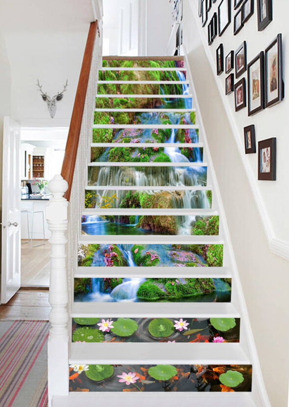 3D Waterfall Lotus AZ371 Stair Risers Decoration Mural Vinyl Wallpaper Kay