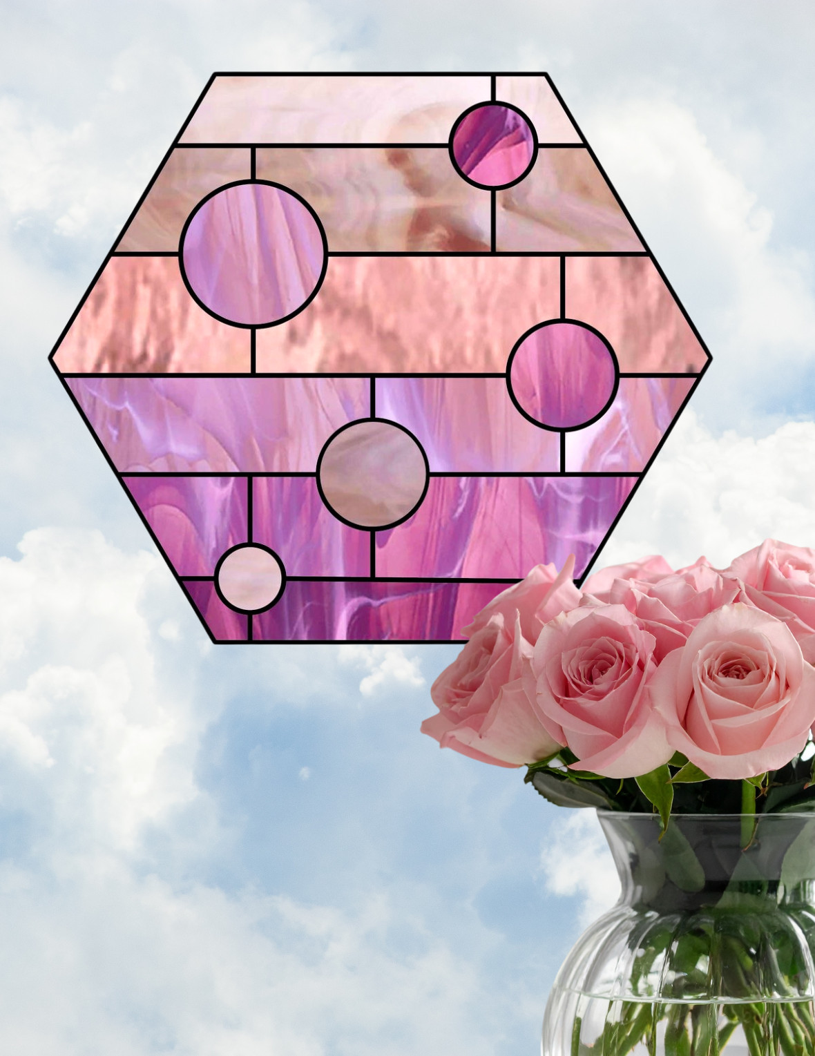 Pink Hexagon Faux Stained-Glass WINDOW CLING Size 9.3" Repositionable Vinyl