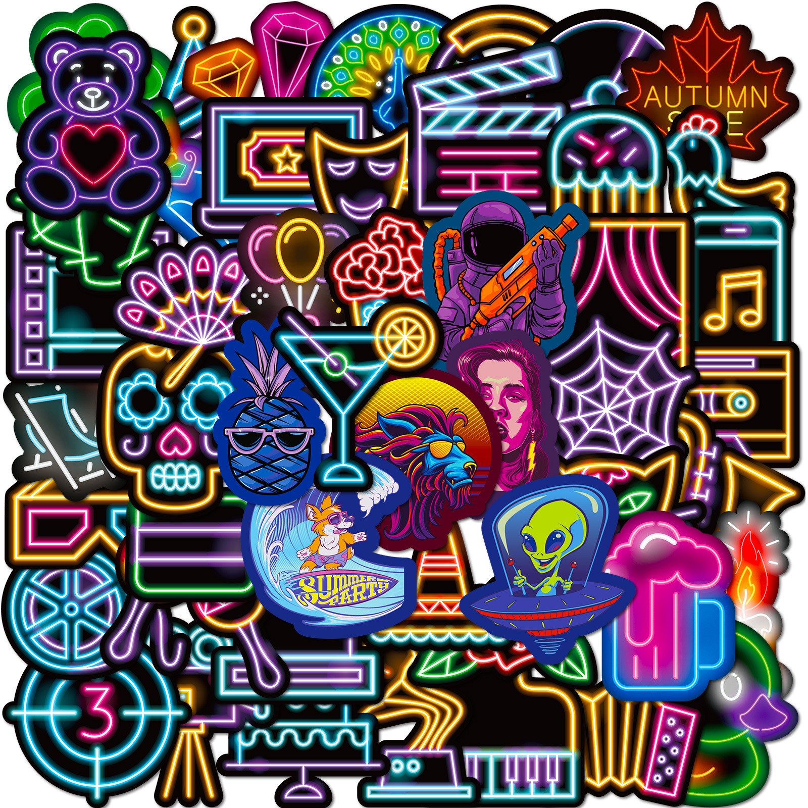 50pcs Waterproof Vinyl Stickers Variety Neon Style Luggage Phone Laptop Fridge