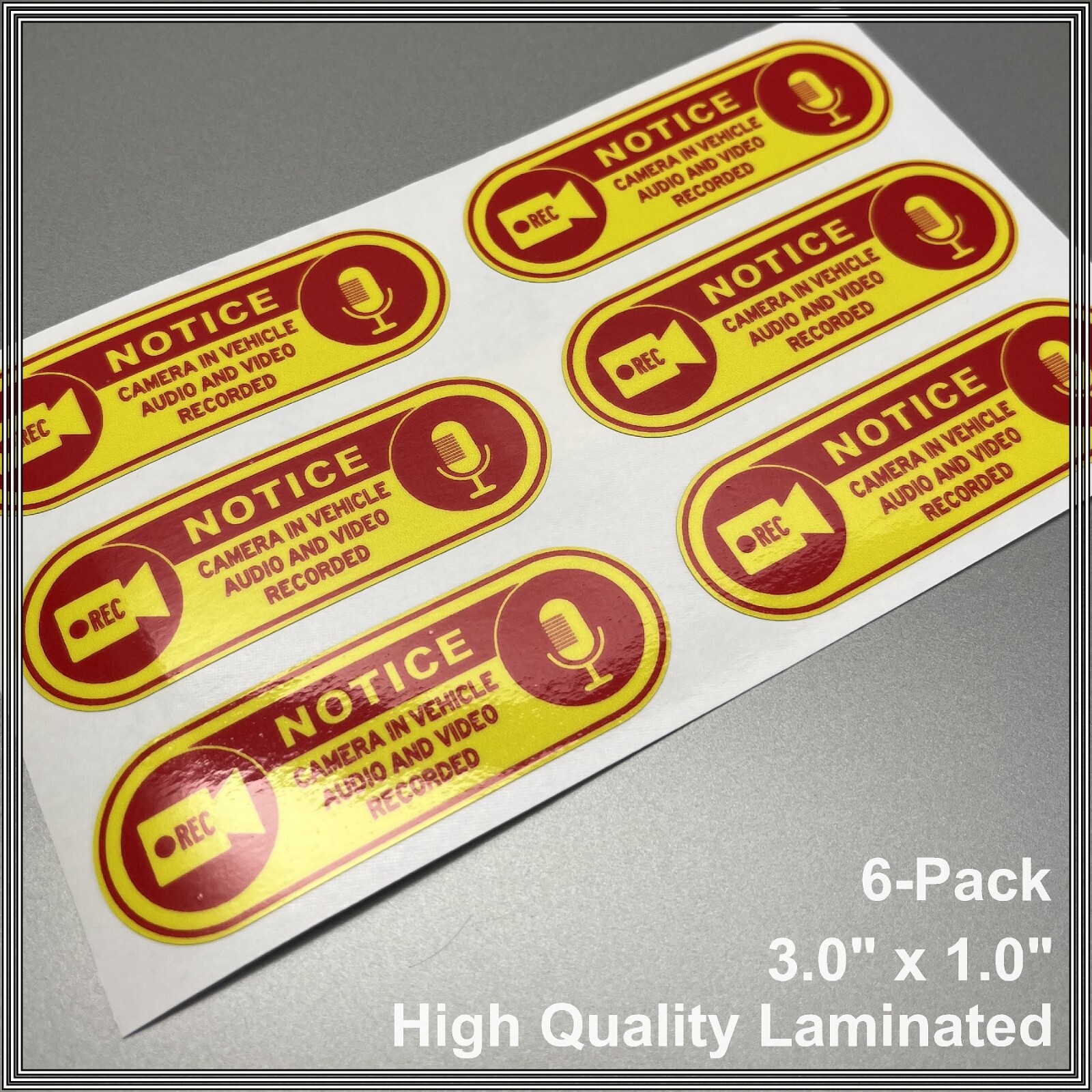 Camera in Car Recording Video 6-Pack Decals Yellow & Red 3.0" x 1.0" for Uber
