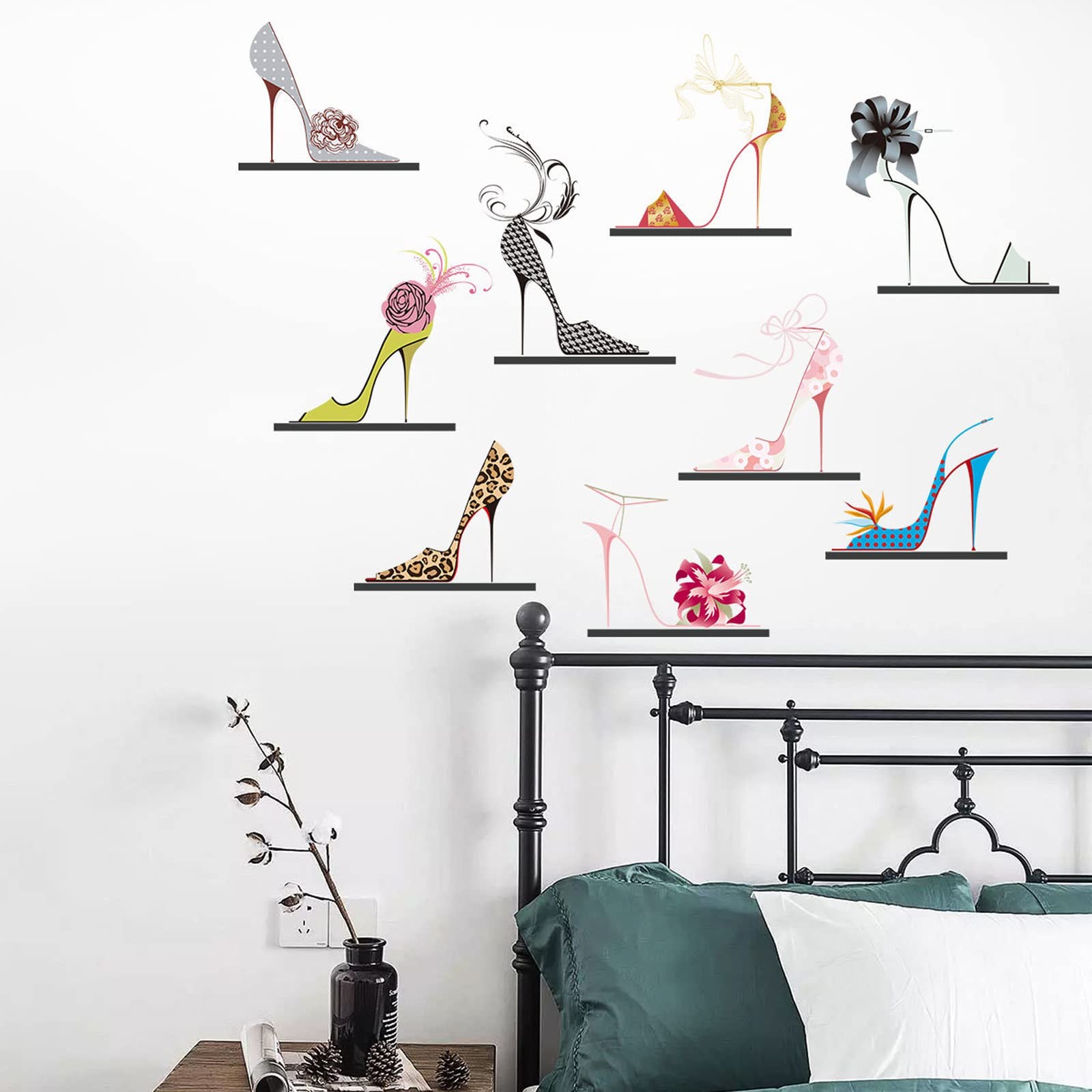 Fashion Colorful High Heels Shoes Wall Decal Modern Flower Shoes Heels Wall S…