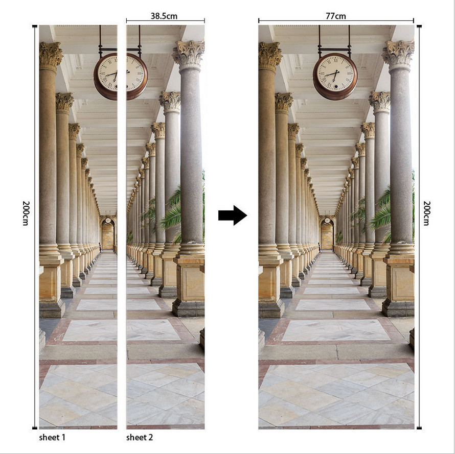 3D Self Adhesive Vintage Hallway Clock Door Sticker Wall Decor Mural Wallpaper