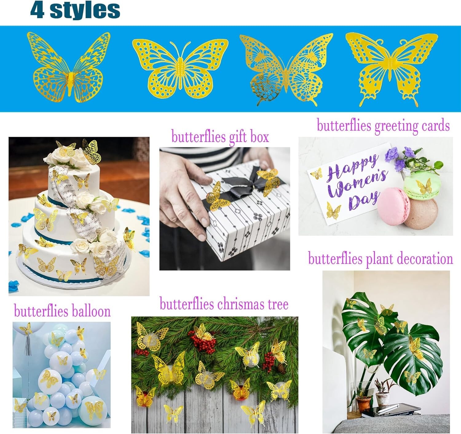 3D Butterfly Wall Decor 48 Pcs 4 Styles 3 Sizes, Gold Butterfly Decoration for B