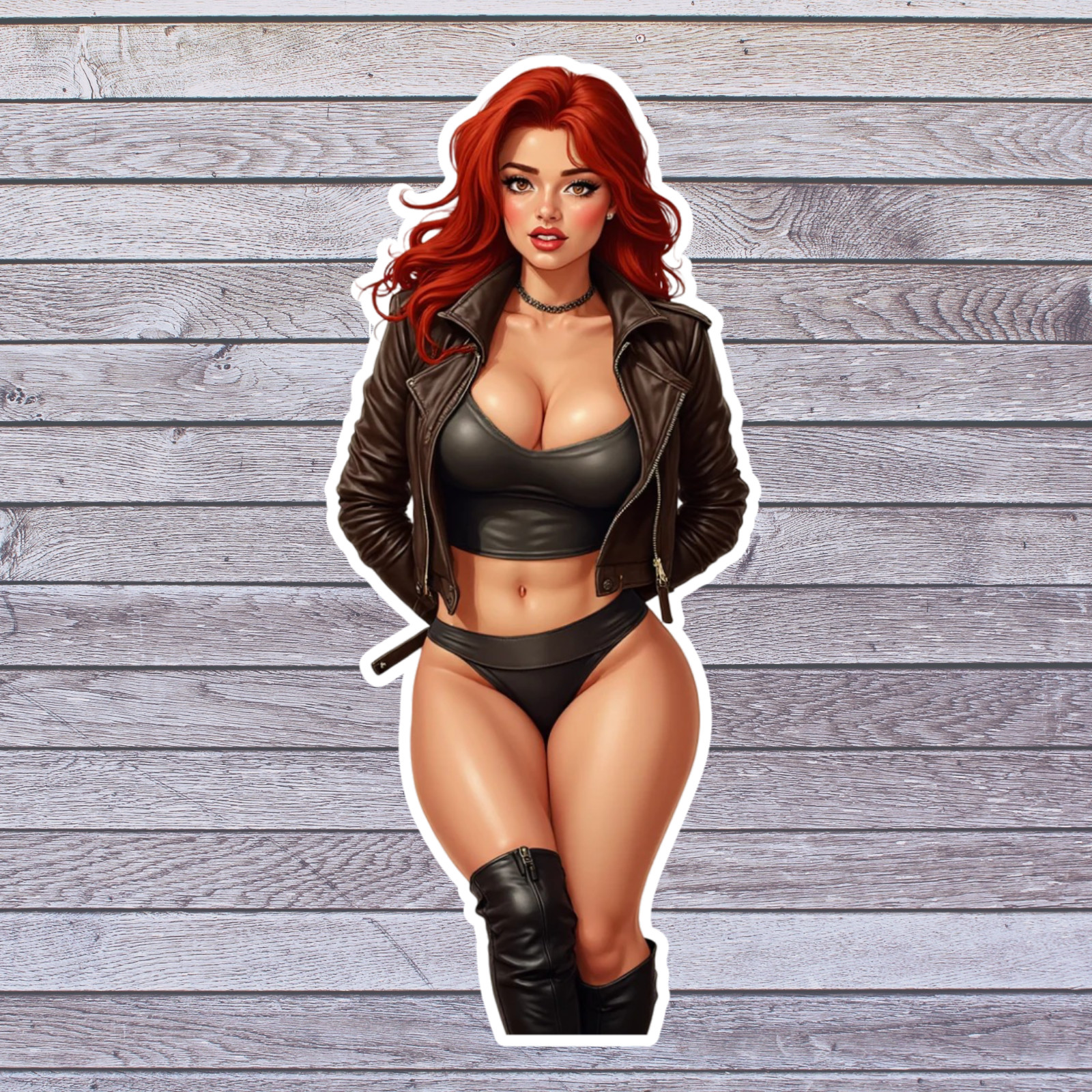 Pinup girl sticker vinyl decal redhead curvy hourglass leather jacket lingerie