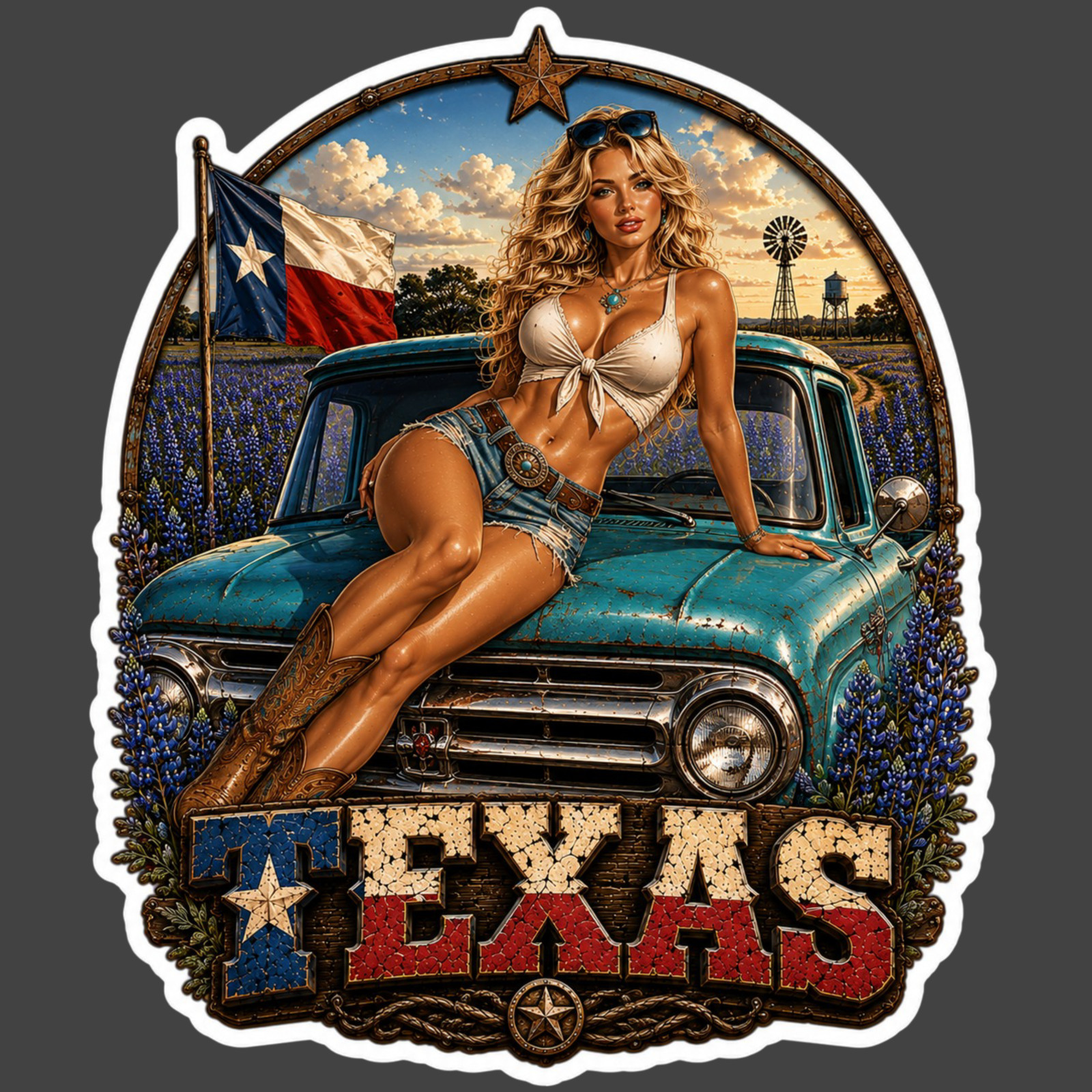 Texas Sticker Vinyl Decal Pinup Girl Vintage Truck Bluebonnets Lone Star State