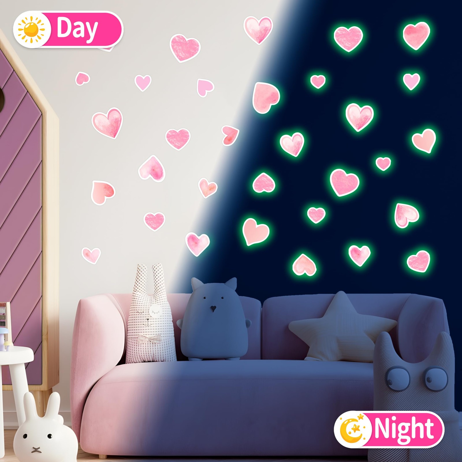 42 pcs Pink Heart Shape Wall Stickers for Girls Bedroom，Glow in The Dark Kids…
