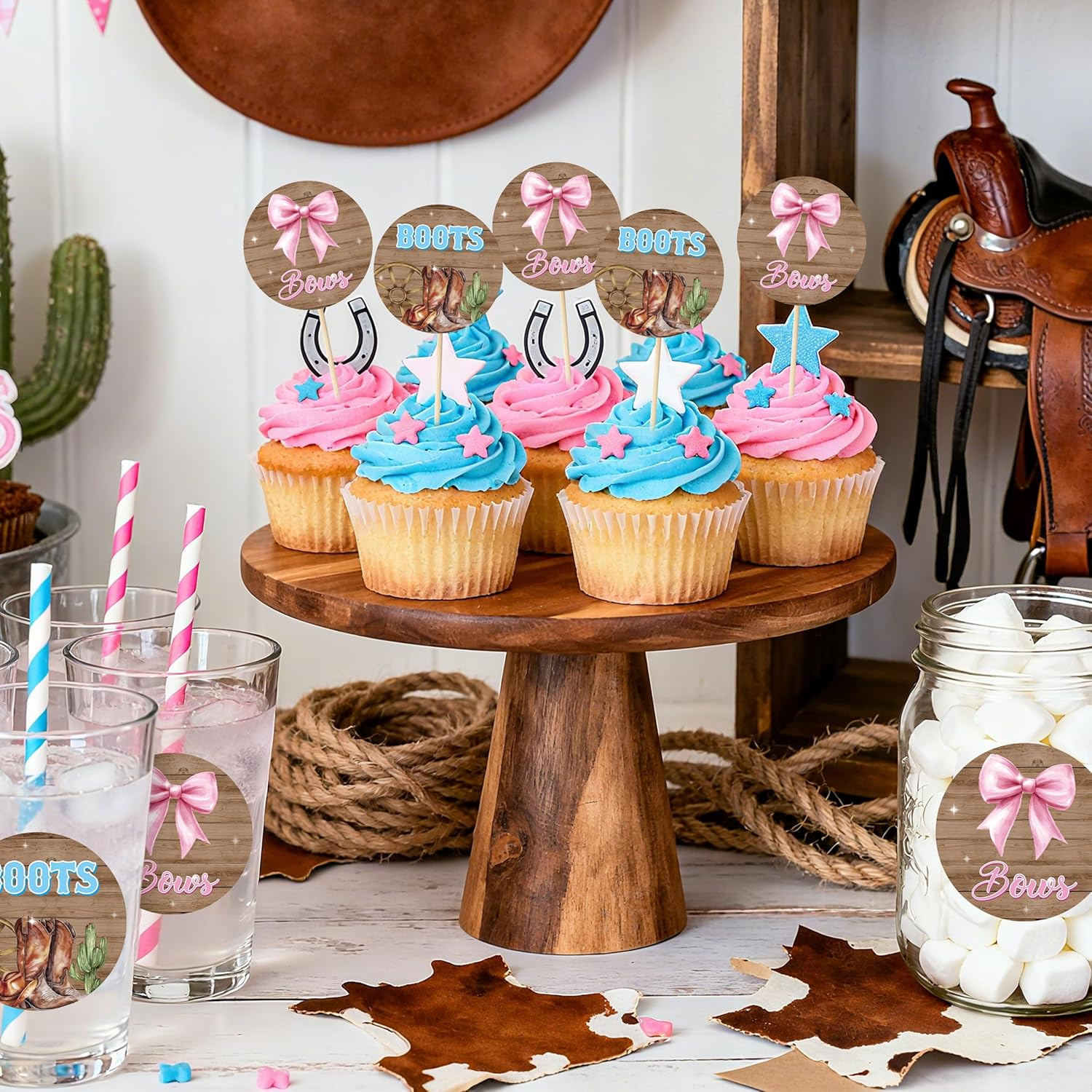 500Pcs Pink or Blue Gender Reveal Stickers – 2 Inch Cowboy Boots Bow Labels