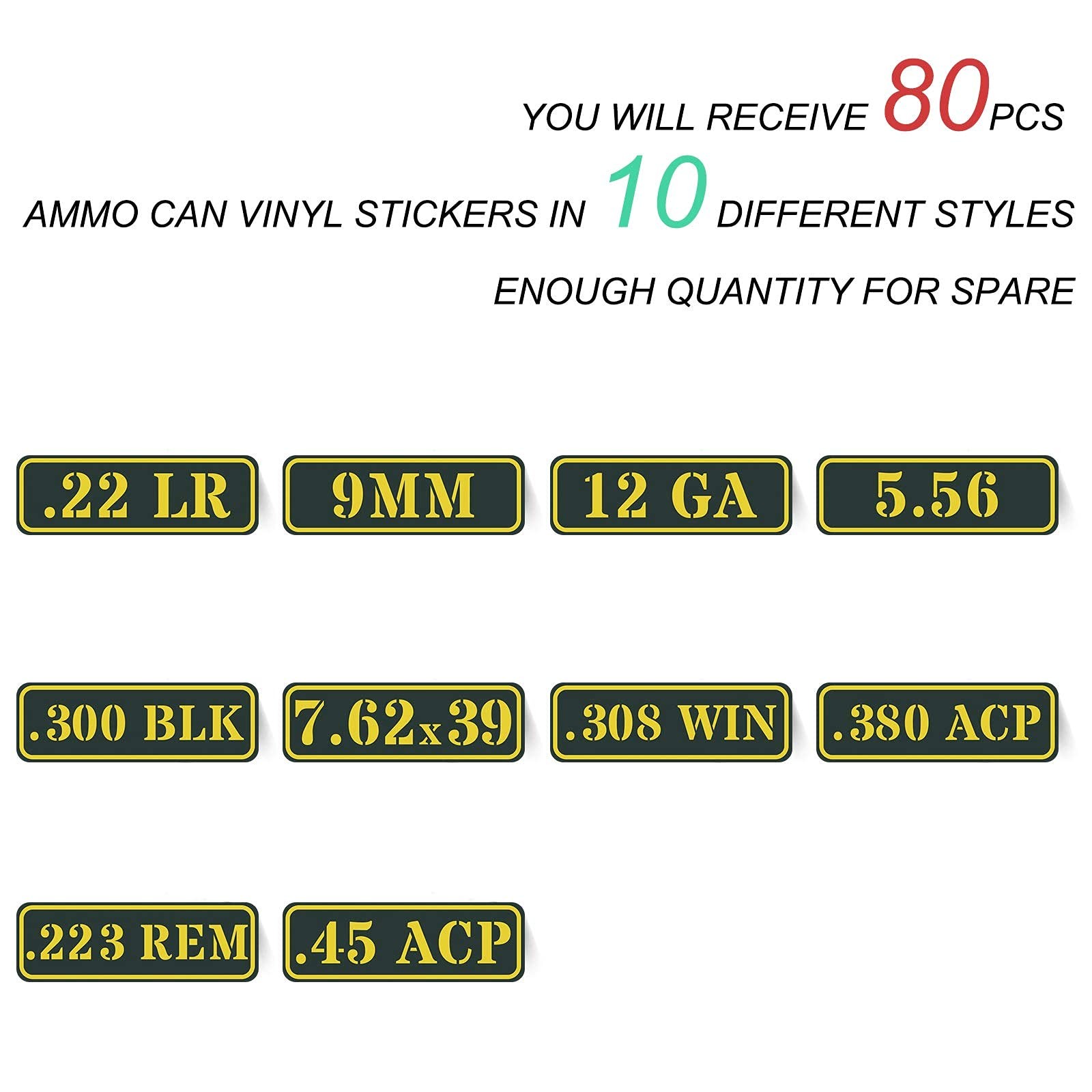 Ammo Can Vinyl Sticker Set Decal 3 inches by 1 inch, 80 Pack/10 Varieties