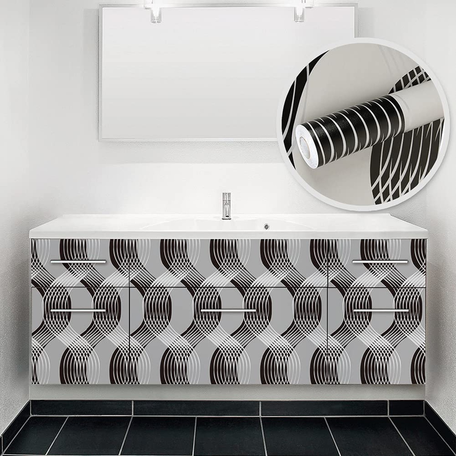 J1376 Geometric Waves Curve Peel and Stick Wallpaper 17.7" x 9.8ft Black/Gray…