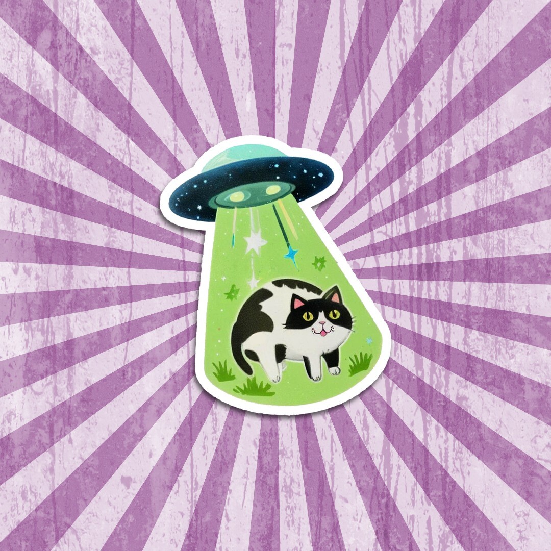 Funny Vinyl Sticker: Kitty Abduction, Cute Cat Decal, Meow, UFO, Flying Saucer