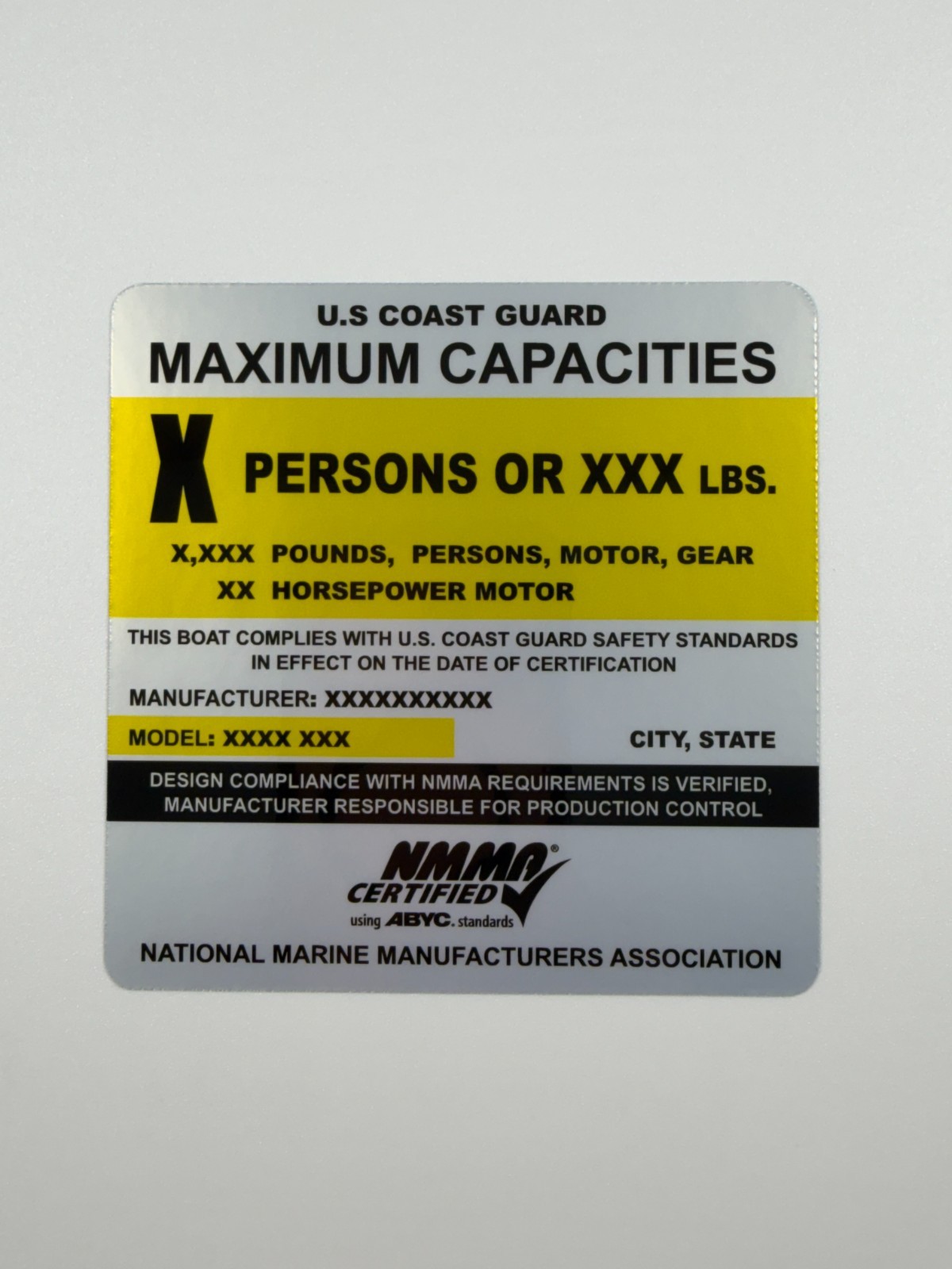Custom Boat Capacity Plate Sticker Replacement Decal NMMA USCG 4×4 Silver Vinyl