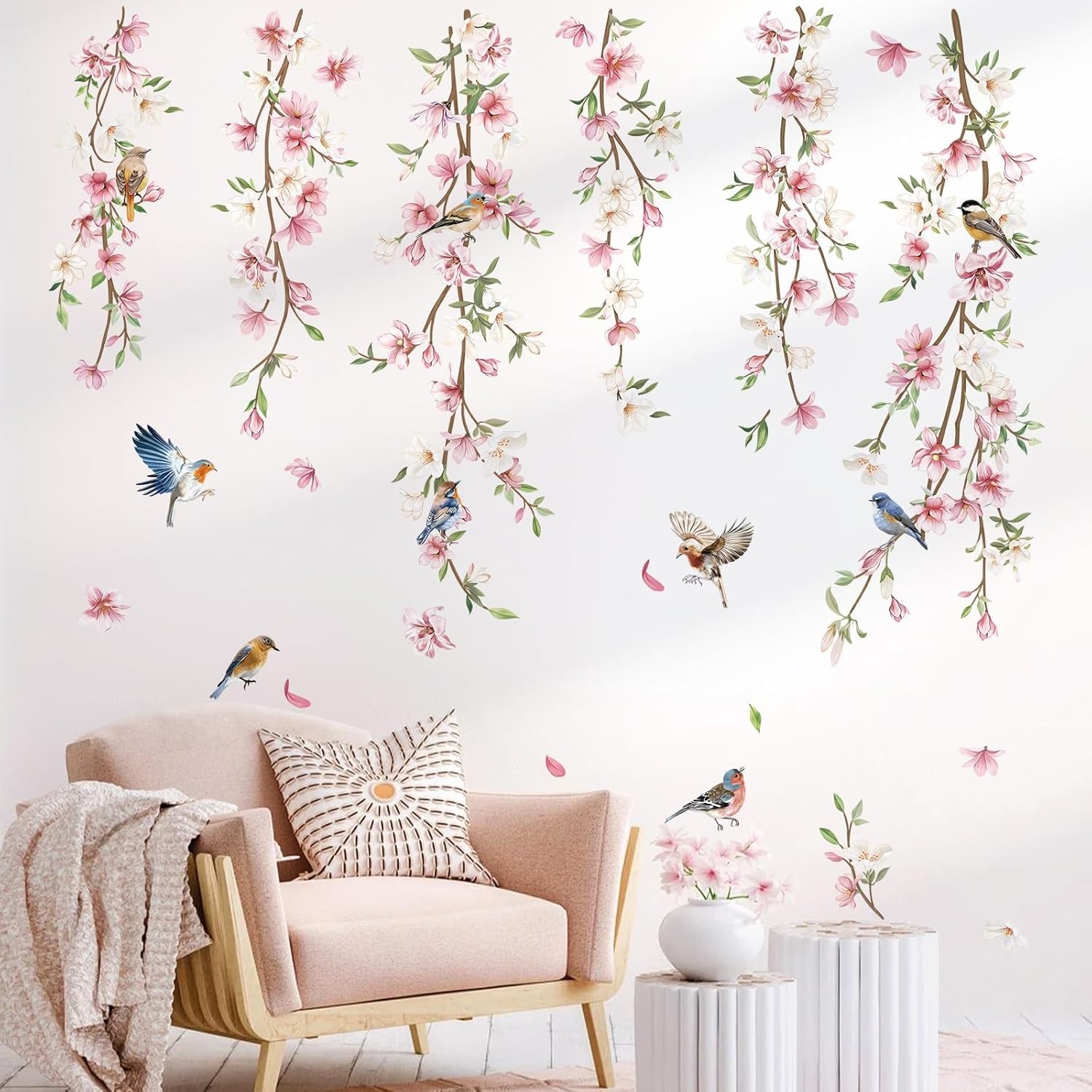 Waterproof Floral Wall Stickers: Bright Birds and Vines for Living Spaces