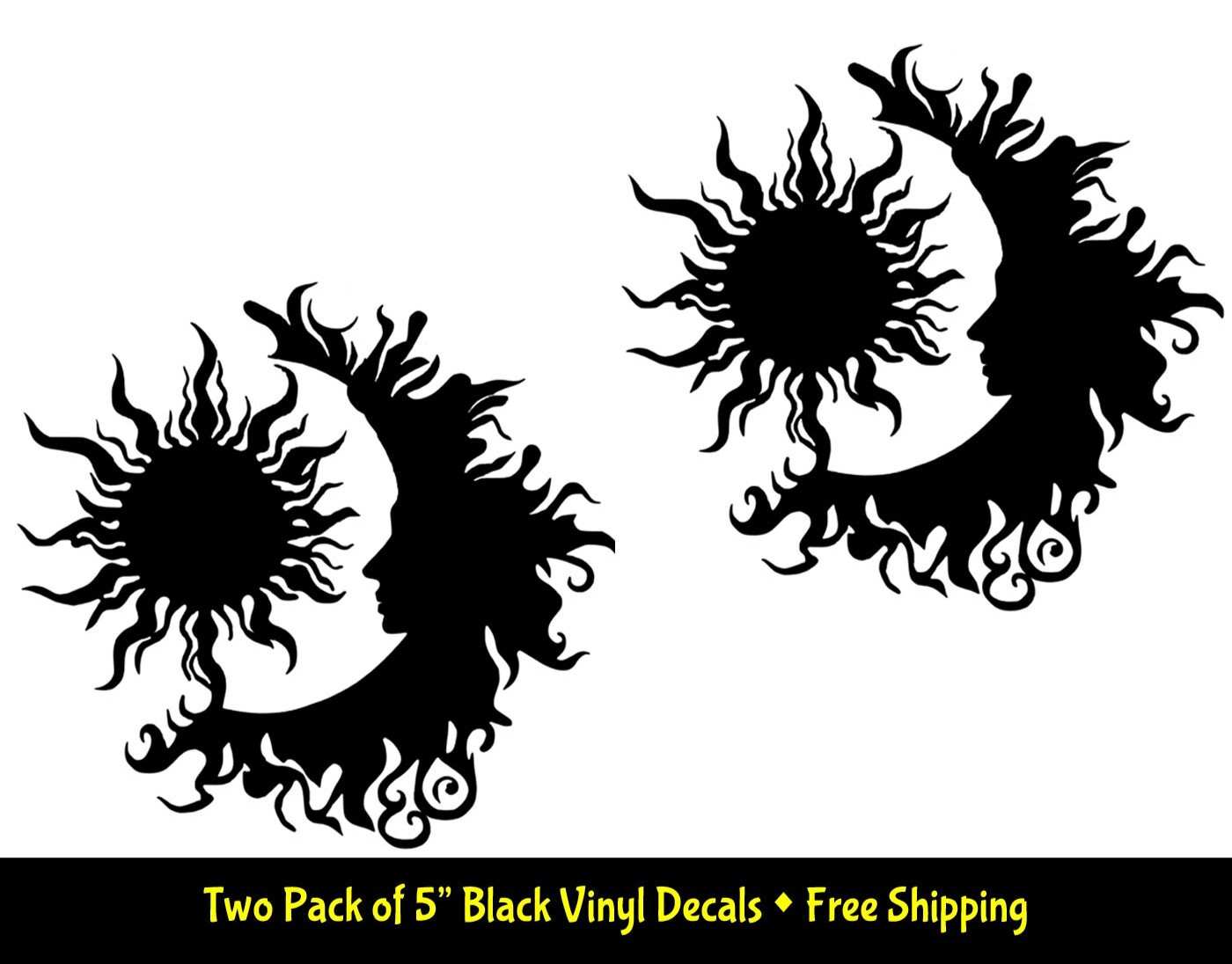 Sun & Moon Graphic Design 2 Pk 5" Black Vinyl Decals Car Window Any Flat Surface
