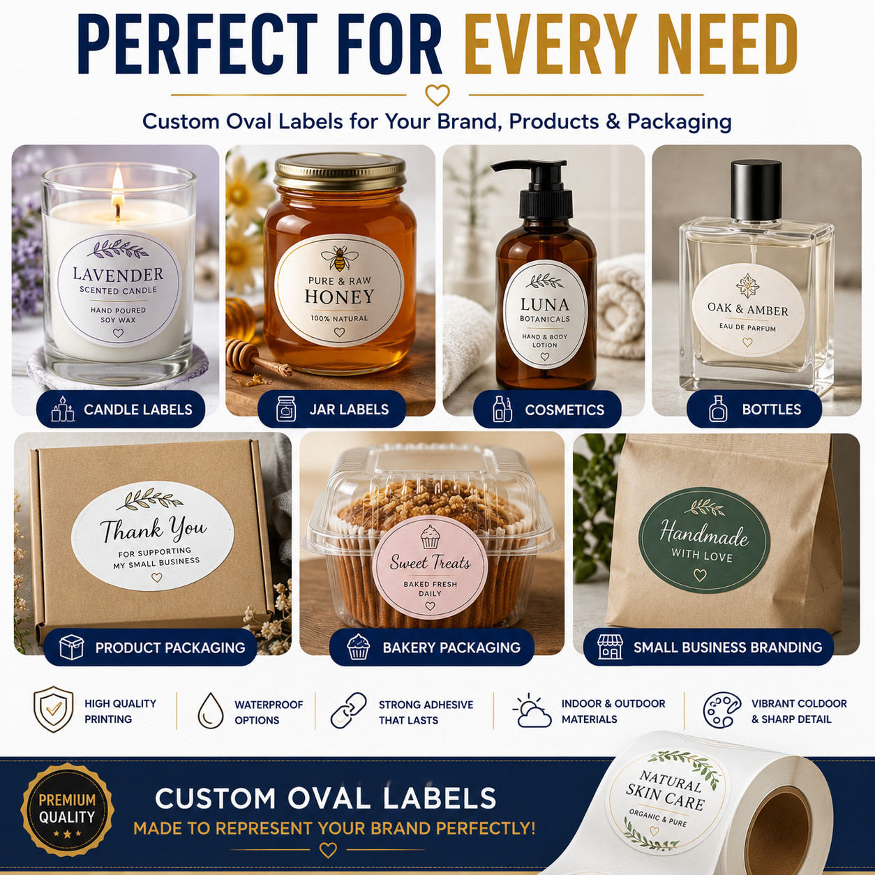 Custom Oval Roll Labels Personalized Stickers, Packaging & Branding, 100 Pieces