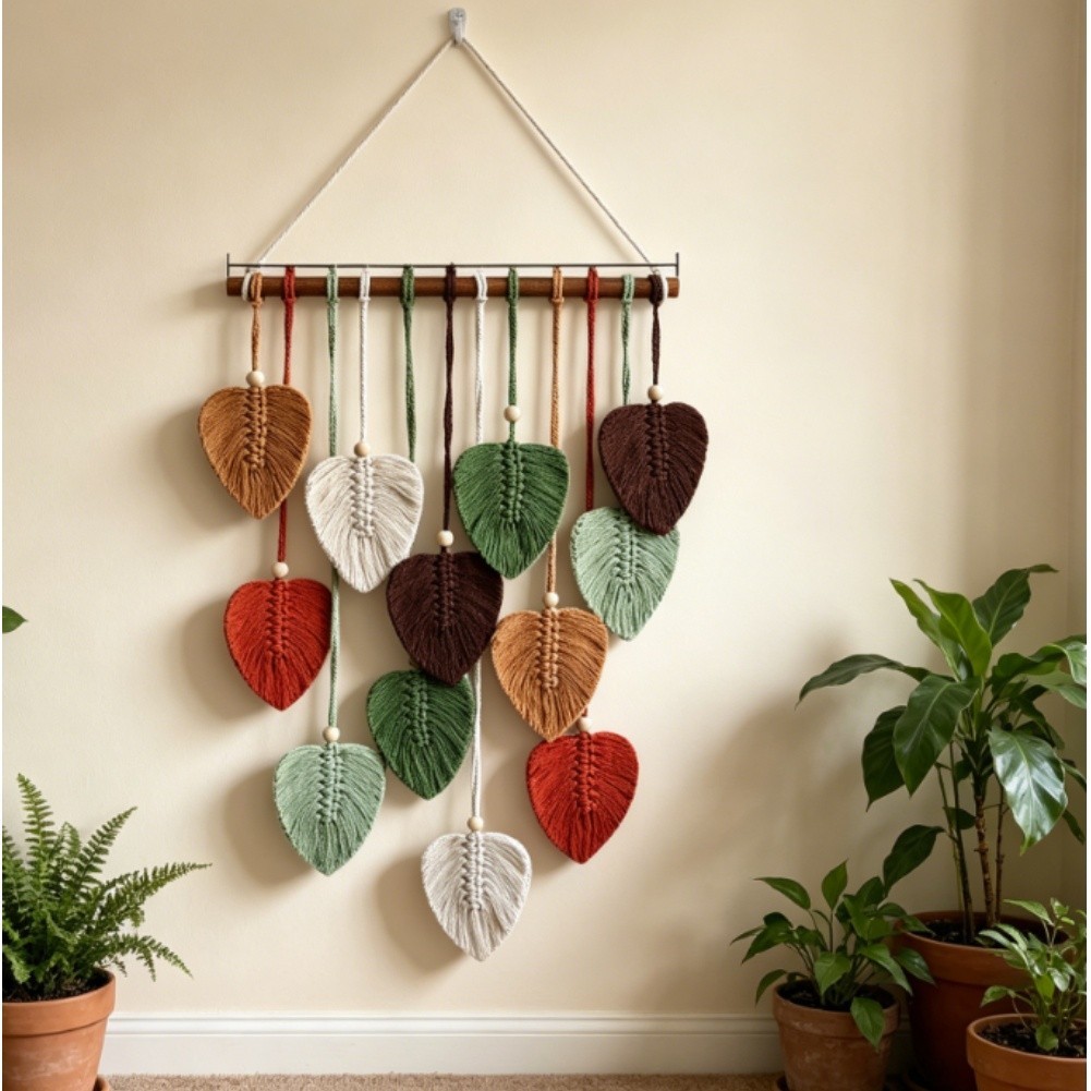 Bohemian Leaf Tapestry Woven Cotton Rustic Wall Hanging 83x45cm Natural Look